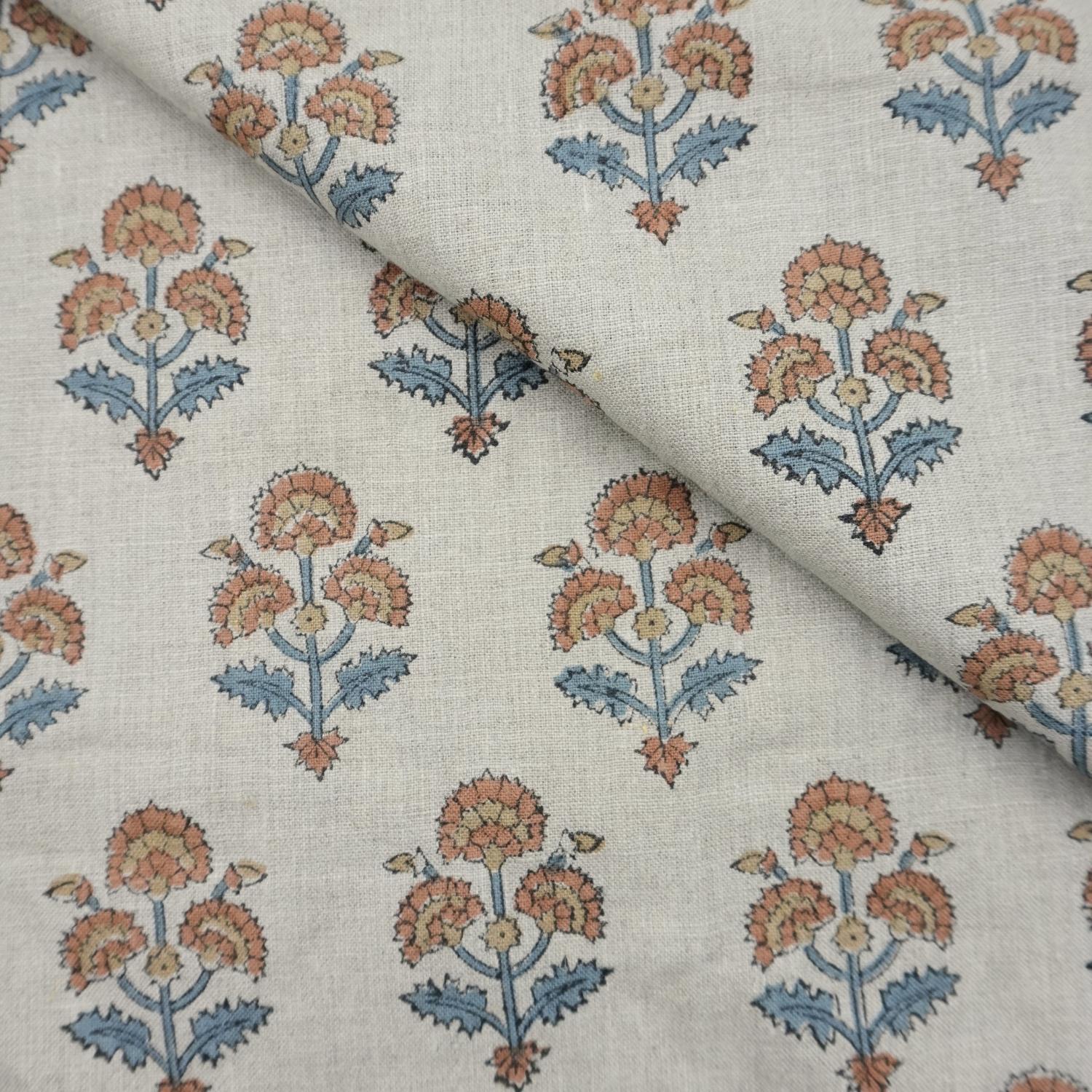 Linen Block Print Fabric 58 Inch Width Medium Weight Linen Natural Base Color Curtains and Drapes Upholstery Handmade Art Pillow Covers Tablecloths and Runners Bedding Tote Bag Lampshades Napkins by Fabritual