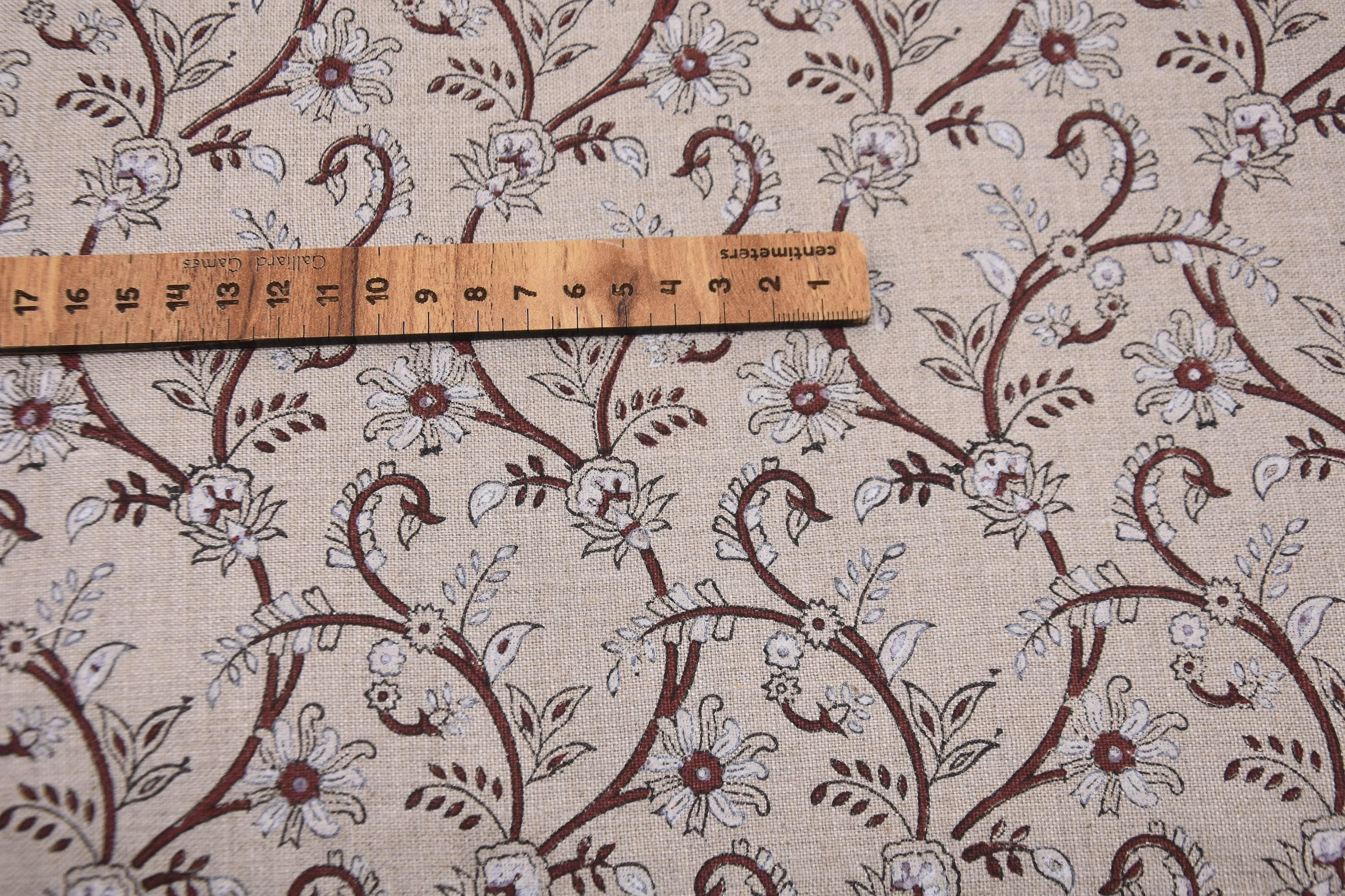 Traditional Handcrafted 100% Pure Linen Fabric with Brown Floral Block Printed for Curtains Indian Textiles – VARANASI