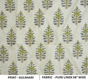Handcrafted Pure Linen Green and Gray Leaf Floral Block Printed Fabric in Medium Weight Upholstery for Cushions - GULNAARI