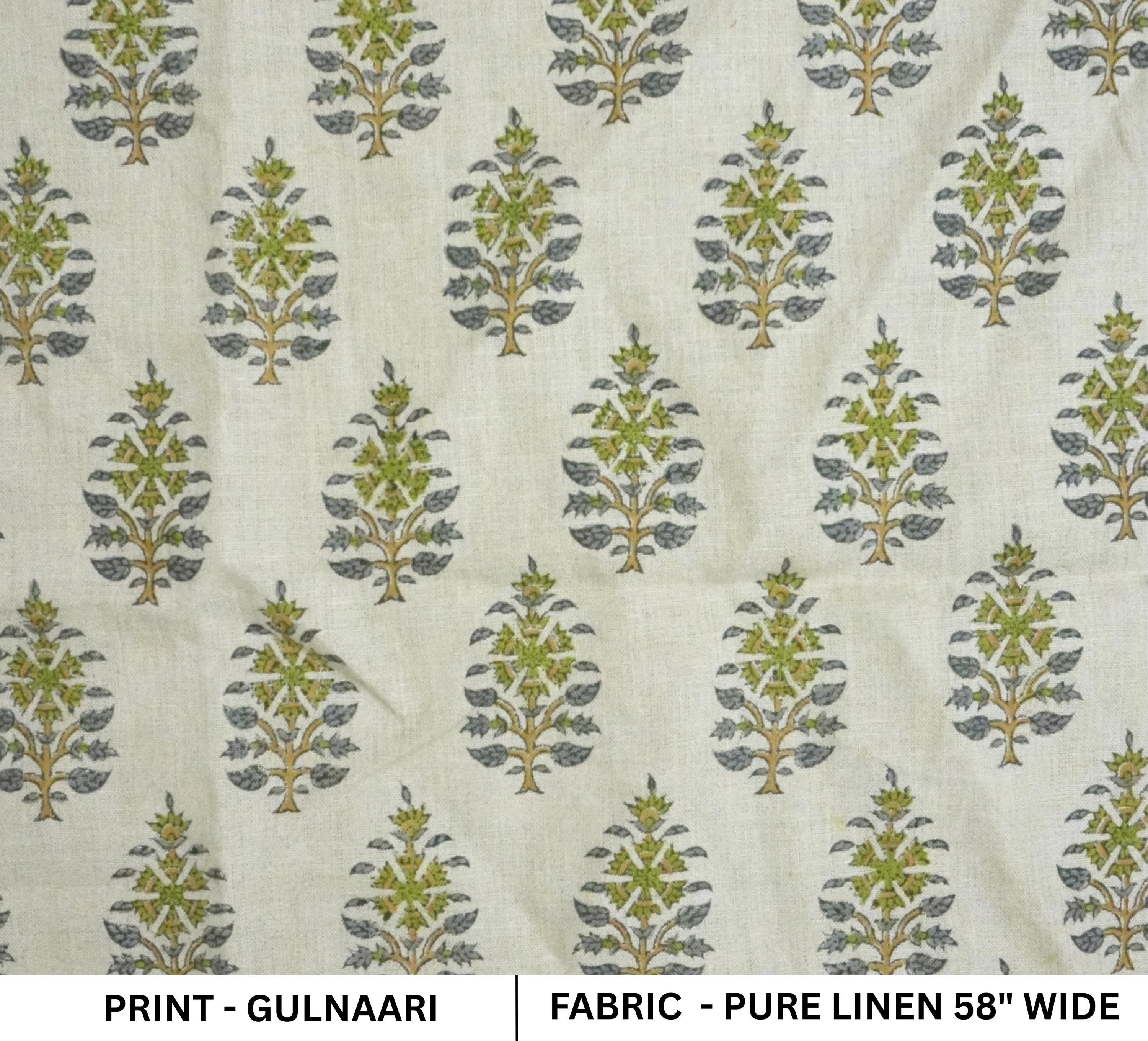 Handcrafted Pure Linen Green and Gray Leaf Floral Block Printed Fabric in Medium Weight Upholstery for Cushions - GULNAARI