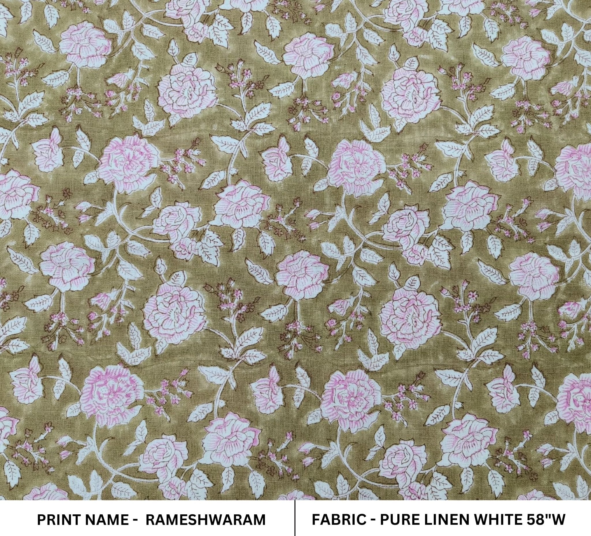 Block Print Linen Fabric, Rameshwaram  Pure Linen White Base Cushion Fabric, Khaki Pink Printed Fabric For Throw Pillow, Hand Block Printed Linen, Floral Print