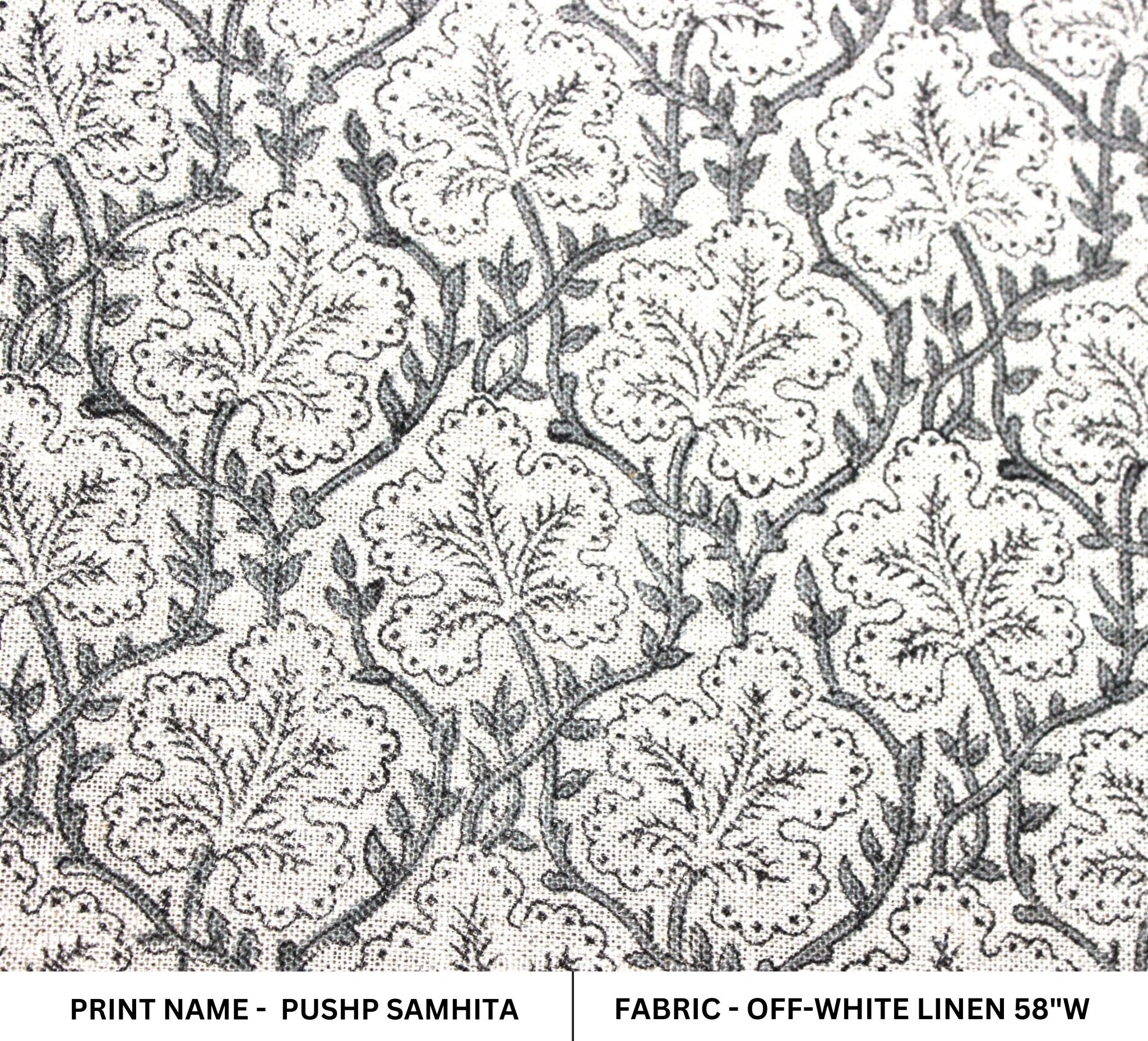 Block Print Linen Fabric, Pushp Samhita   Pillow Cover Fabric Linen, Hand Block Printed, Gray Papaya Leaf Print, Linen Upholstery Fabric, Designer Fabric