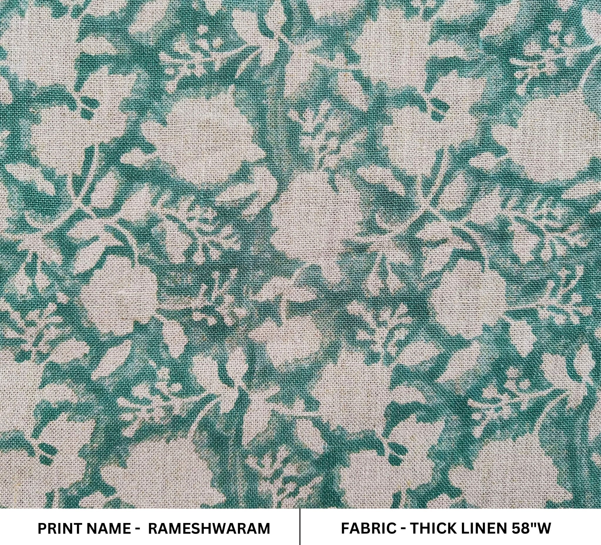 Block Print Linen Fabric, Rameshwaram Sea Green Colour Home Decor Fabric Linen Upholstery Handloom Handblocked Fabric Cushion Fabric