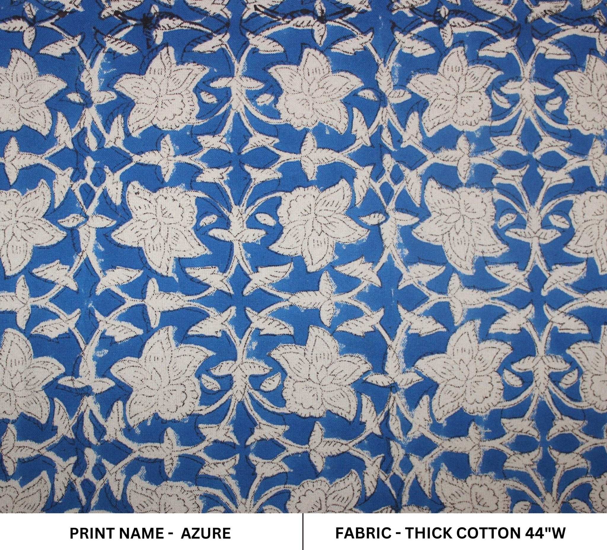 Azure Sky  Indian Handmade Block Print Art On Pure Linen & Cotton Fabrics, Floral Design Running Fabric For Home Decors Upholsterypillows
