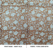 Amritvela Brown  Mini Floral Block Print  Indian Hand Block Print  Natural Pure Linen Fabric   Pillow,Cushion,Upholstery