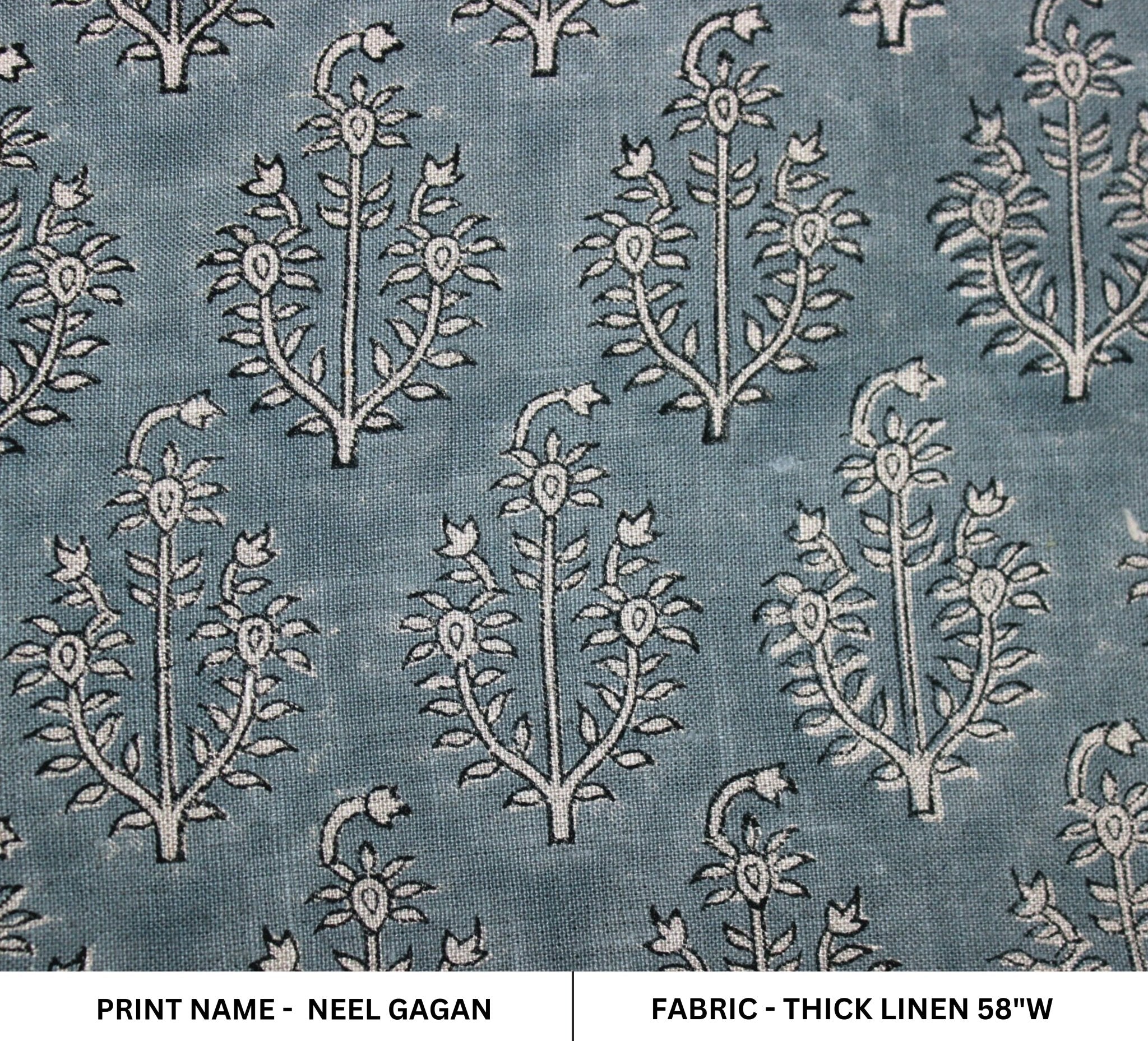 Block Print Linen Fabric, Neel Gagan  Indian Handmade Block Print Art On Pure Linen & Cotton Fabrics, Floral Design Running Fabric For Home Decors Upholsterypillows