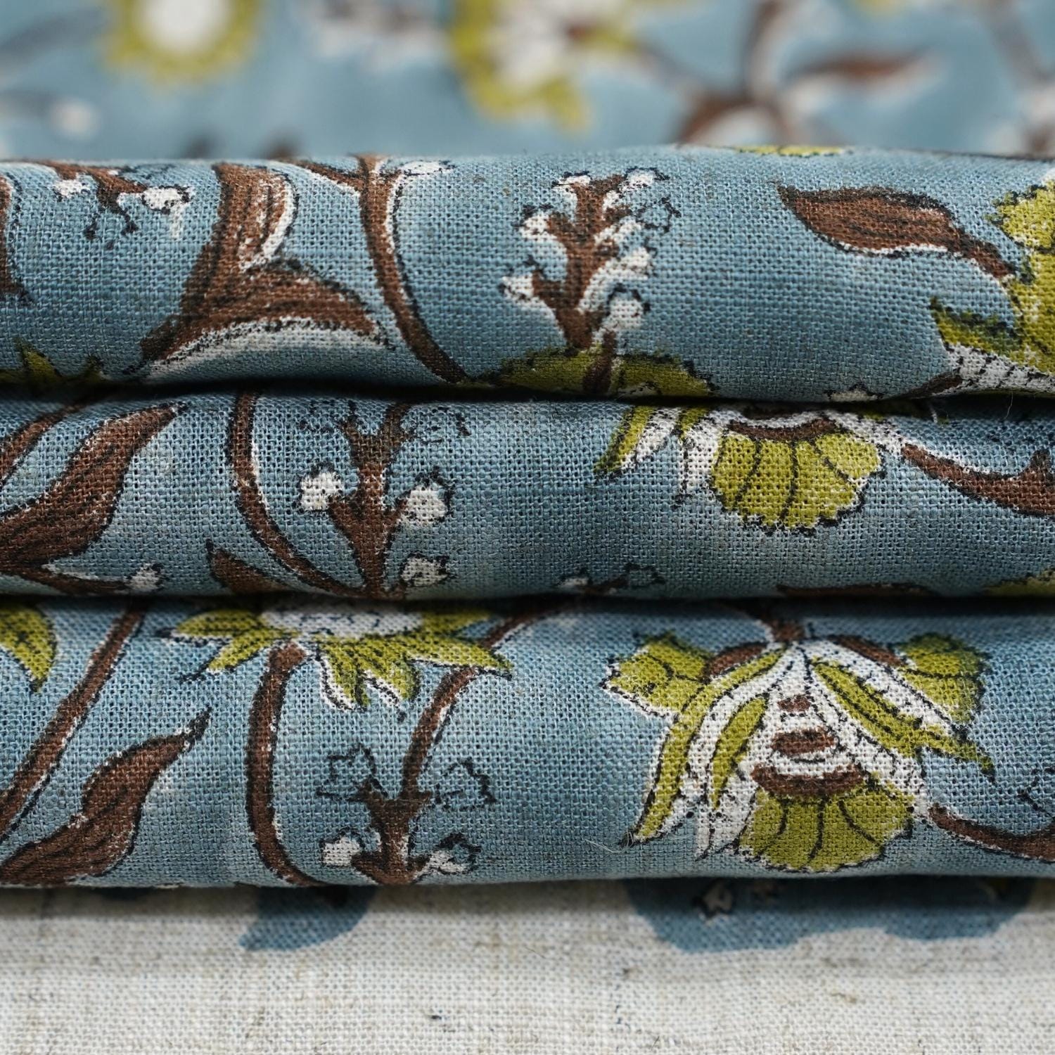 Off White Heavy Linen Fabric 58 Inch Wide with Block Print for Drapes and Table Runners