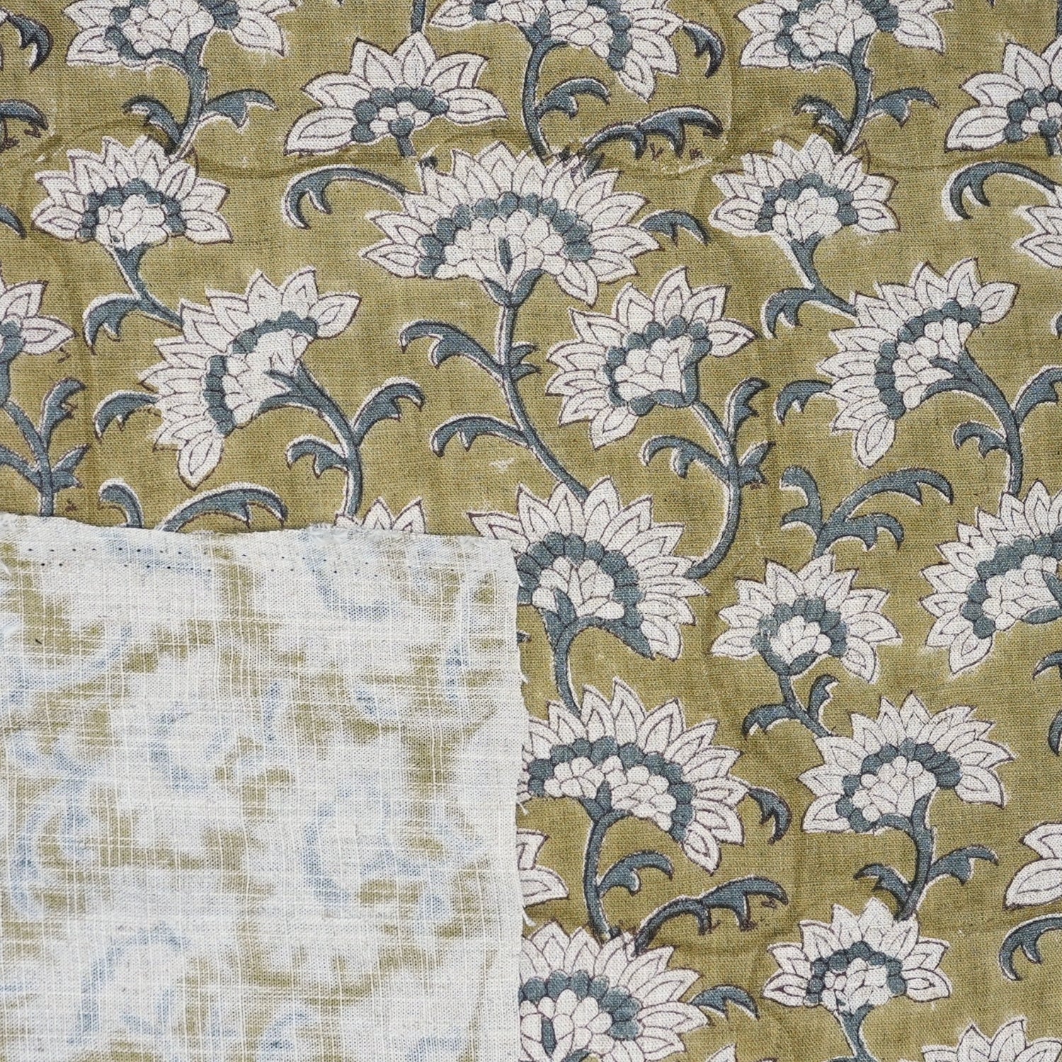 Artisanal Green Floral Boho Block Print Viscose Linen Fabric – Rajnigandha