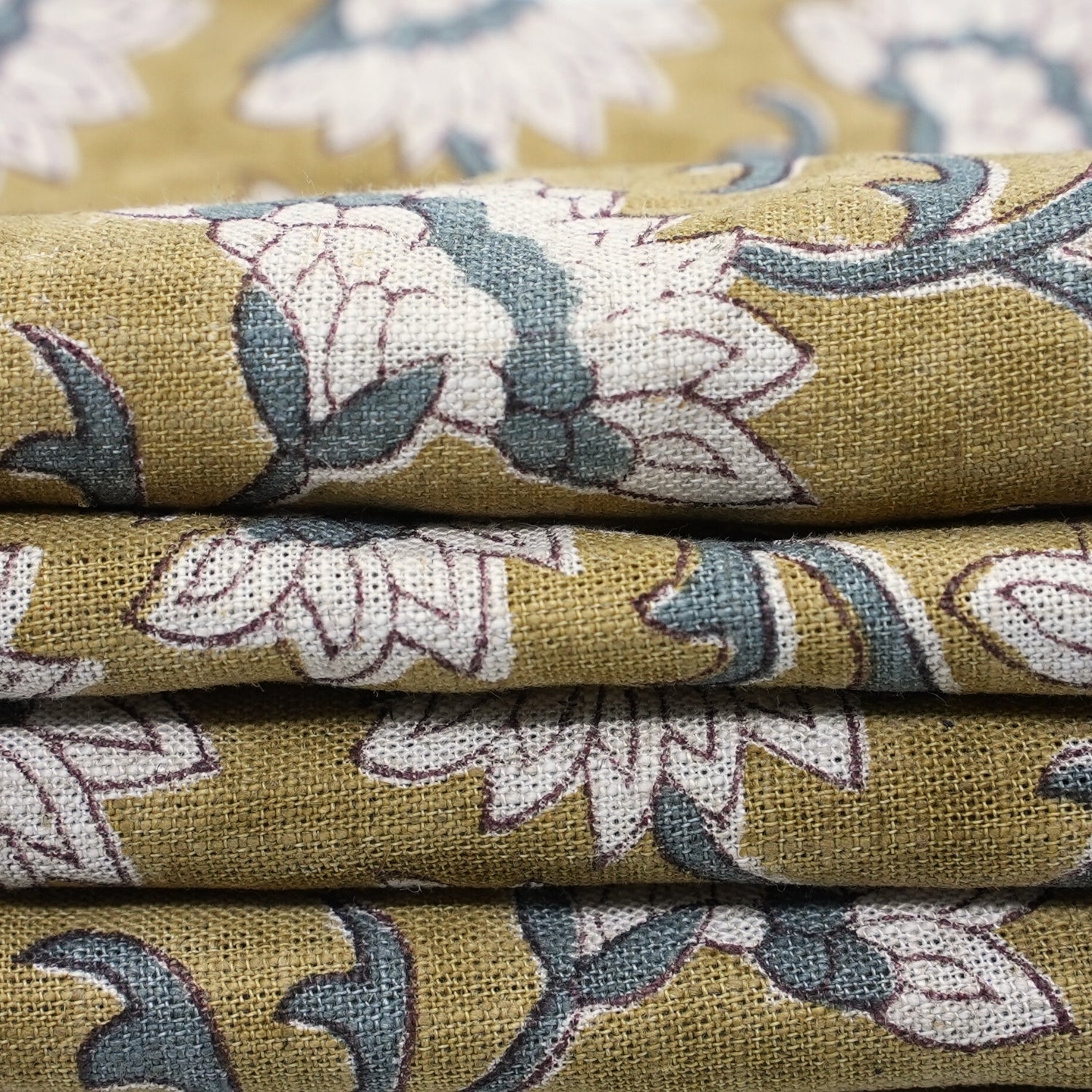 Artisanal Green Floral Boho Block Print Viscose Linen Fabric – Rajnigandha