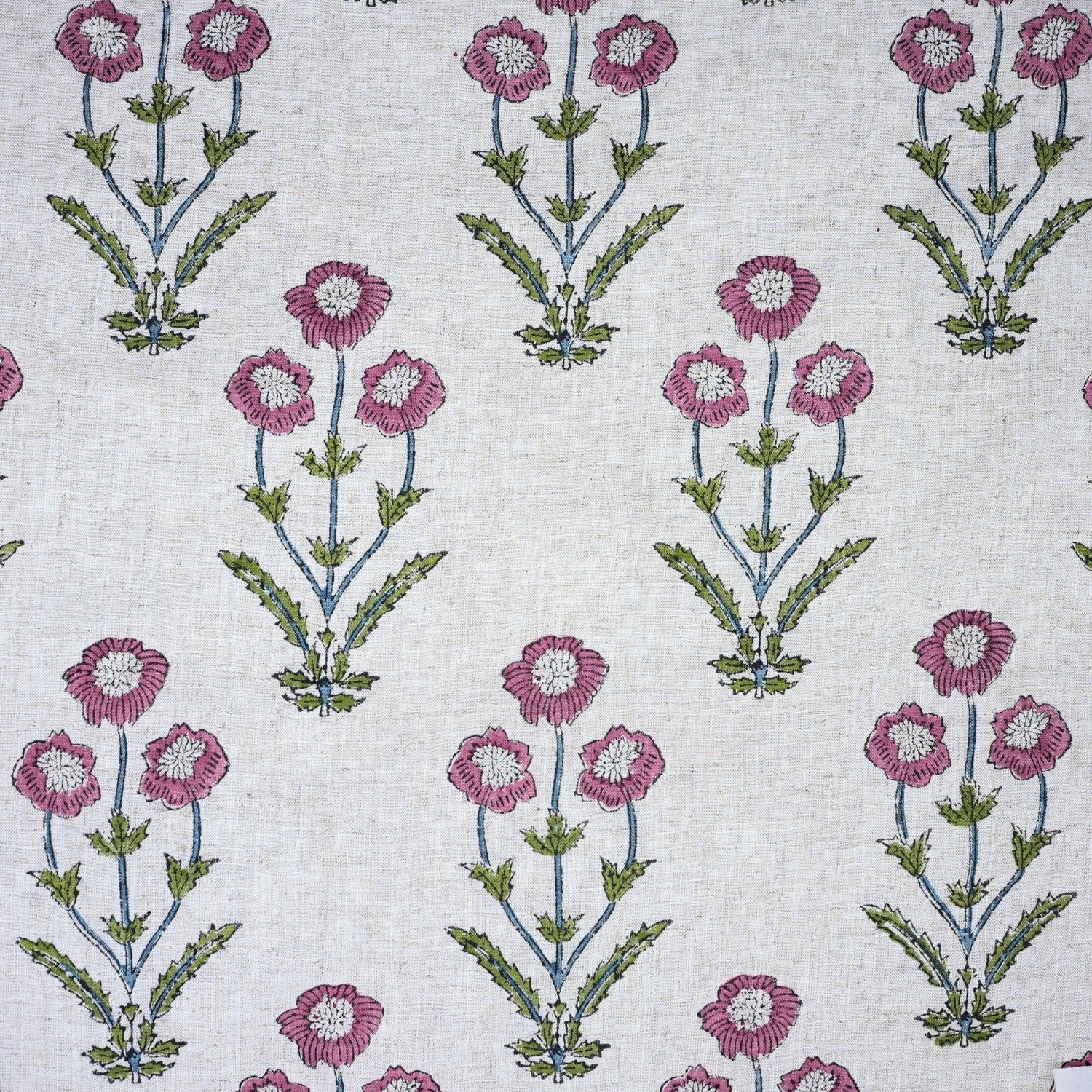 Hand Stamped Block Printed Boho Floral Viscose Linen Cushion Fabric - Amitabh Pink