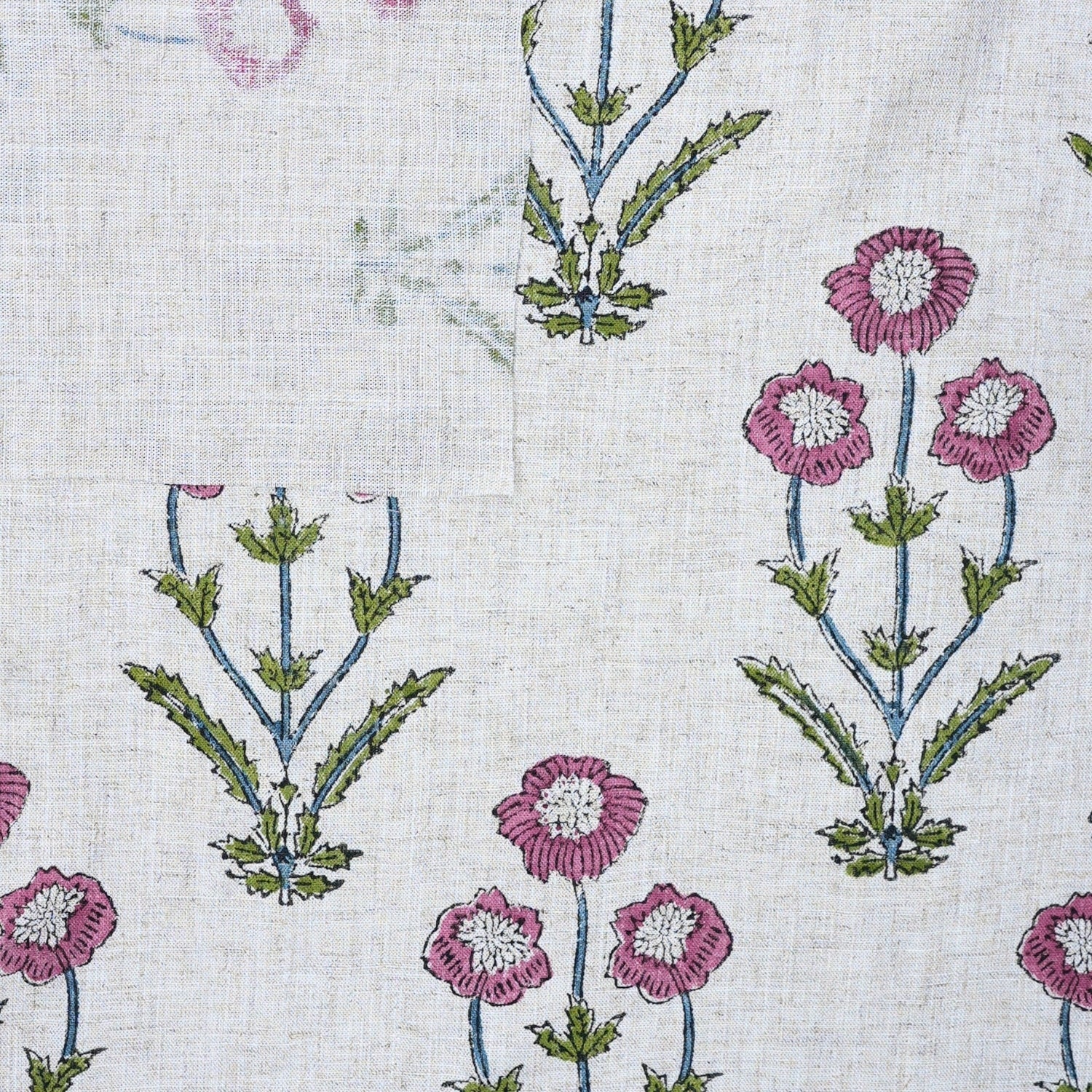 Hand Stamped Block Printed Boho Floral Viscose Linen Cushion Fabric - Amitabh Pink
