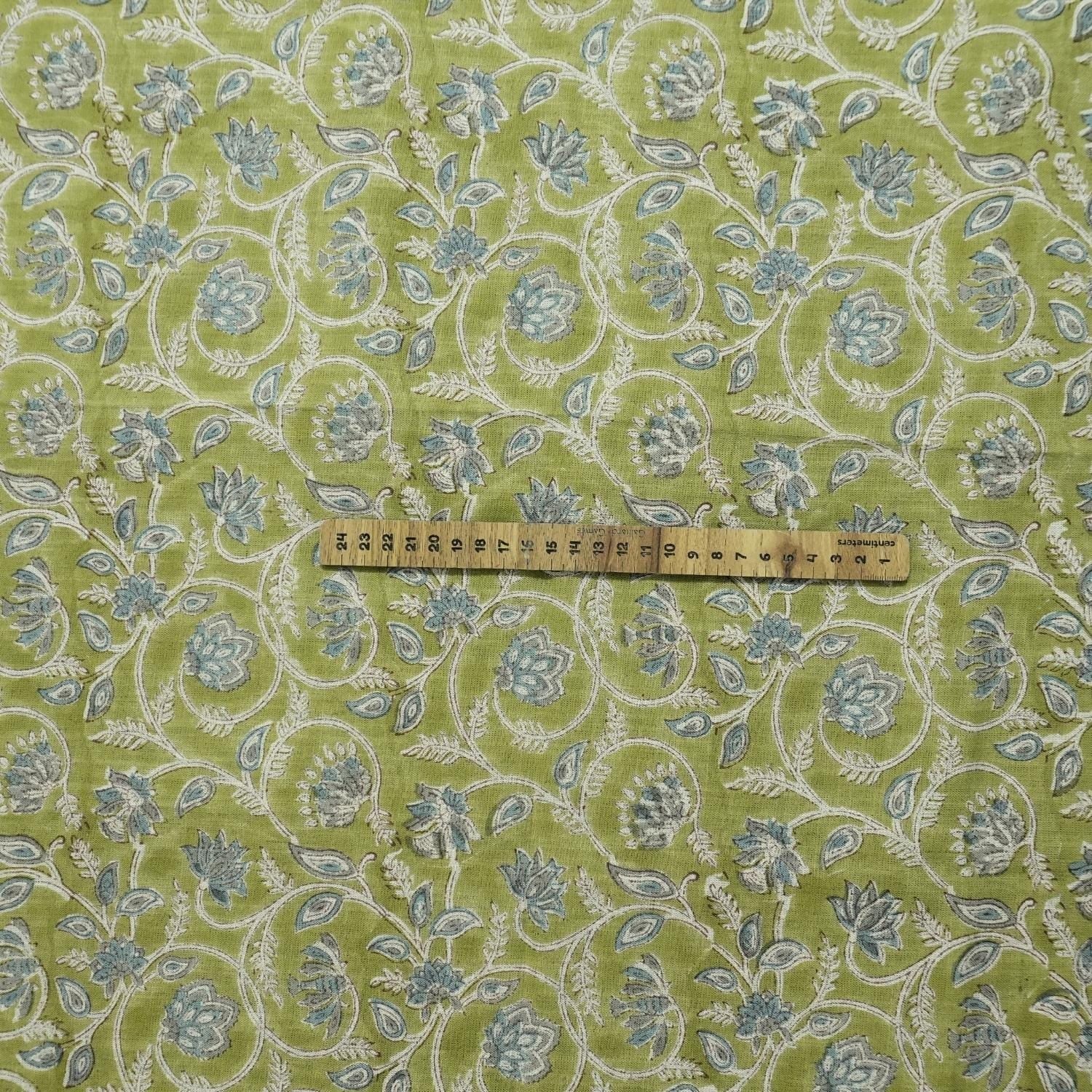 HAND BLOCK PRINTED GREEN FLORAL VISCOSE LINEN FABRIC FOR BOHO DECORATIVE PILLOW - SARASWATI