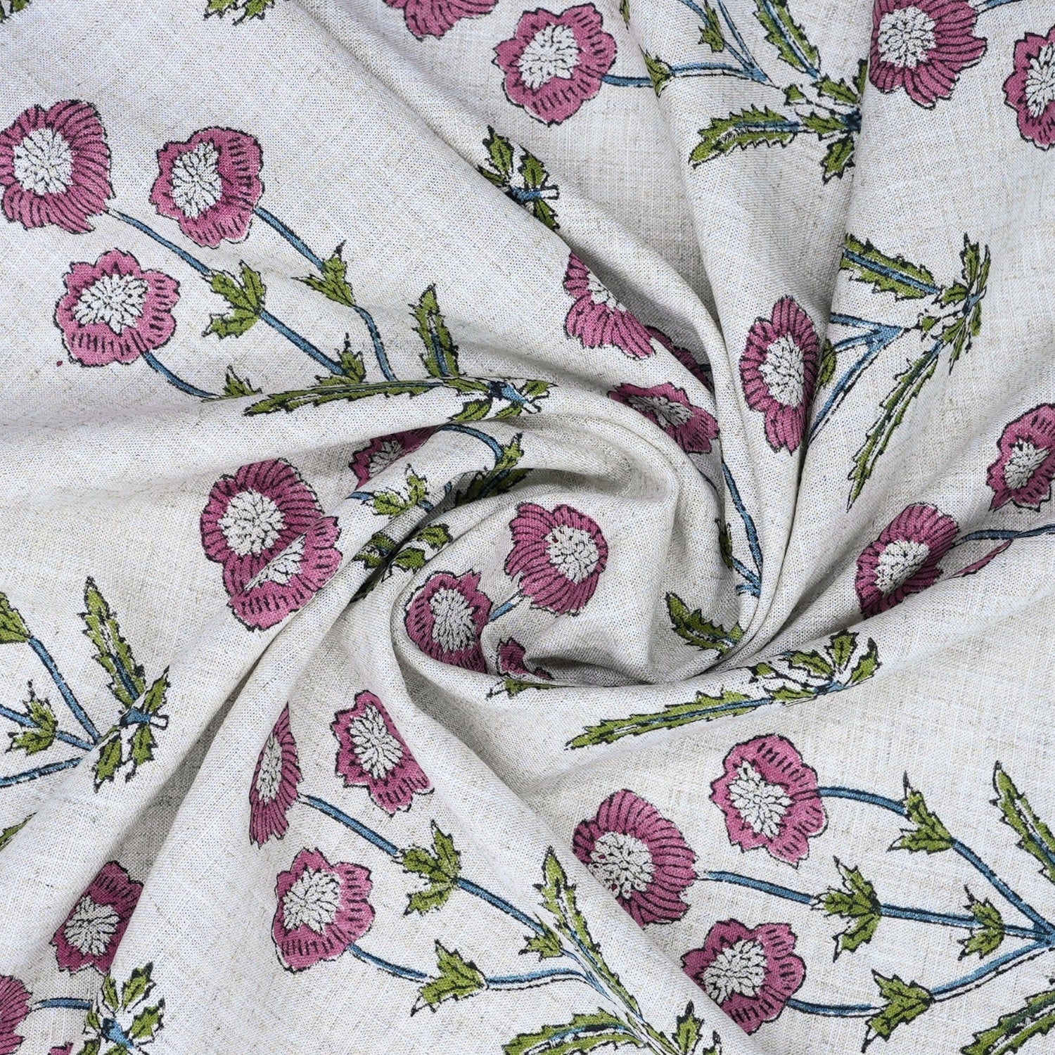 Hand Stamped Block Printed Boho Floral Viscose Linen Cushion Fabric - Amitabh Pink