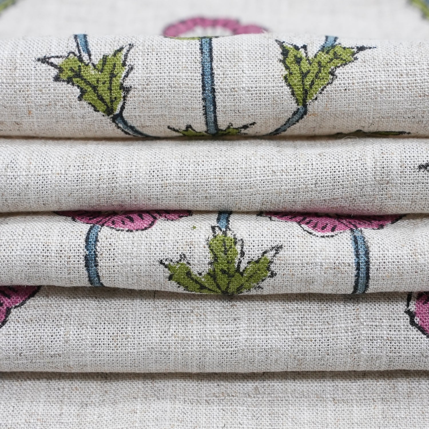 Hand Stamped Block Printed Boho Floral Viscose Linen Cushion Fabric - Amitabh Pink