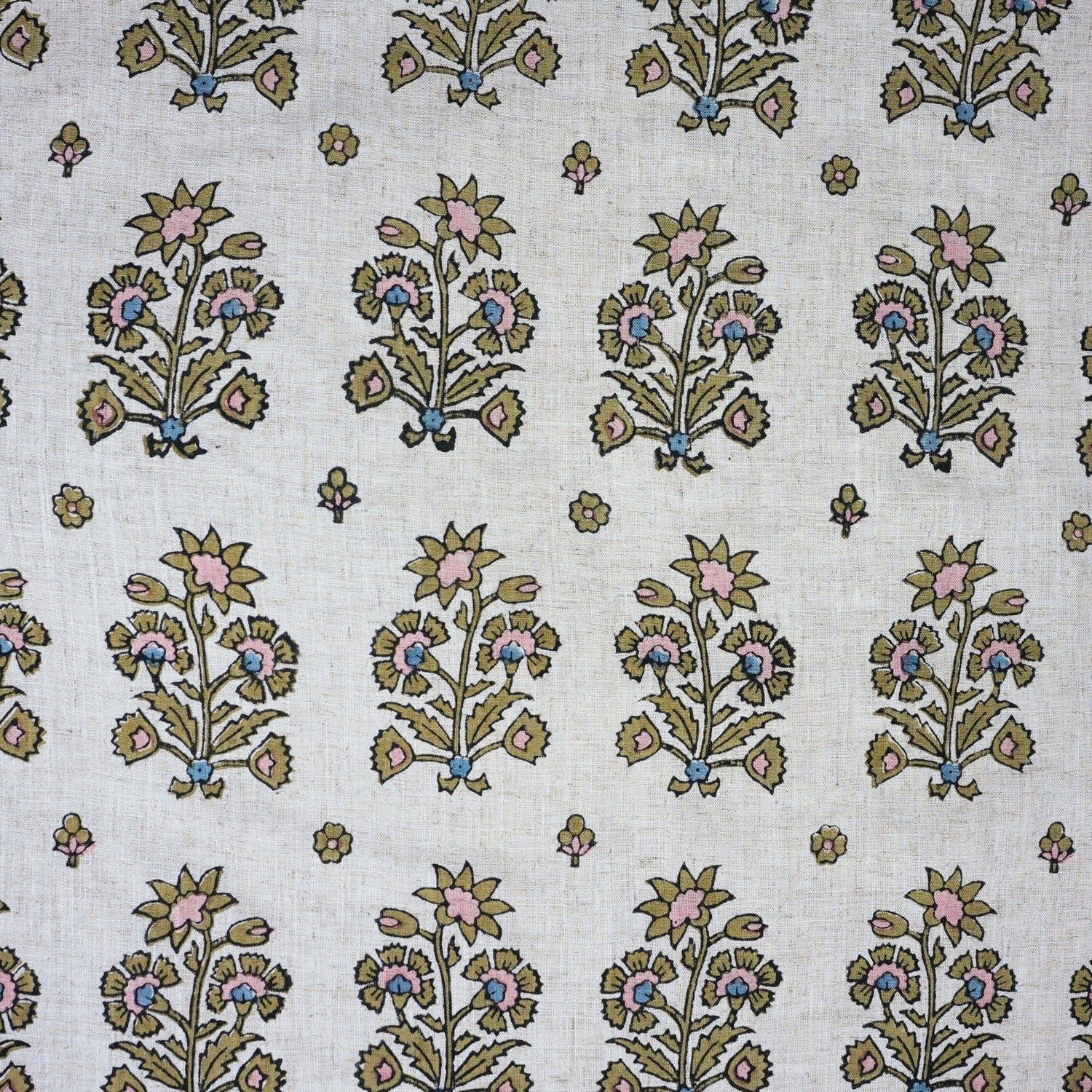 Hand-Stamped Boho Woodblock Print Brown Floral Viscose Linen Fabric – Sadabahar