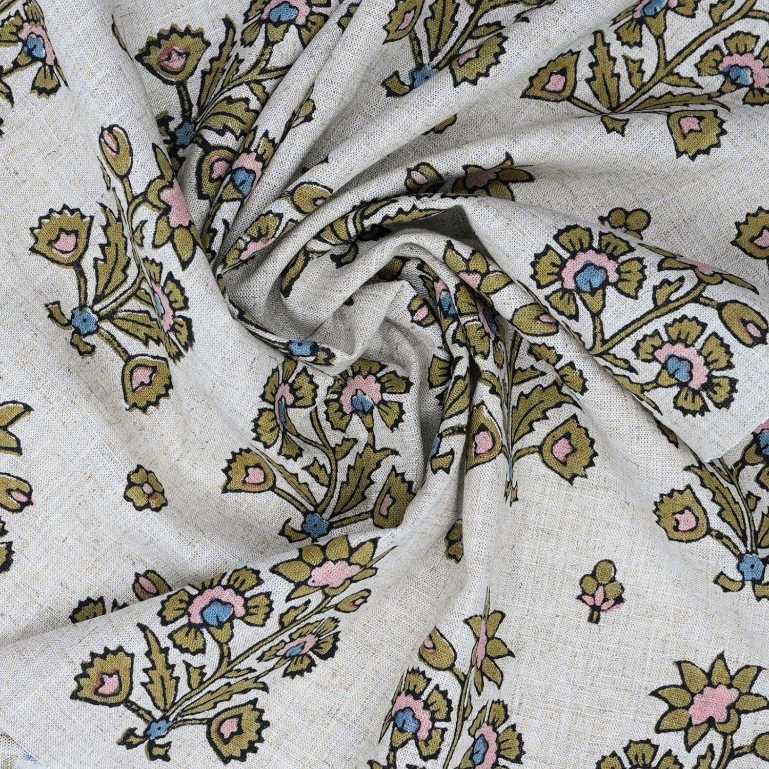 Hand-Stamped Boho Woodblock Print Brown Floral Viscose Linen Fabric – Sadabahar