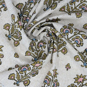 Hand-Stamped Boho Woodblock Print Brown Floral Viscose Linen Fabric – Sadabahar