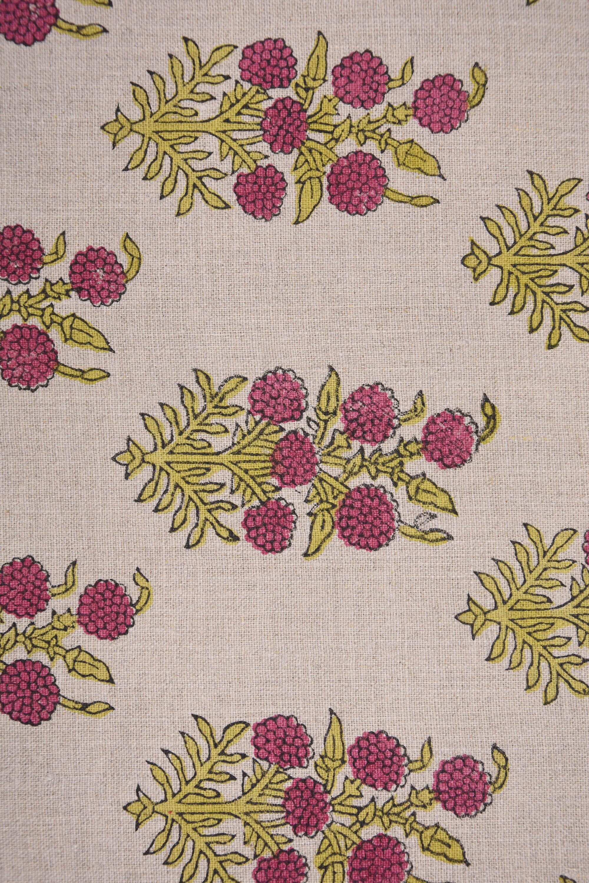 Block Printed Premium Thick Linen Handmade Fabric in Rose Gold and Mustard Big Floral for Tablecloths – HJARA