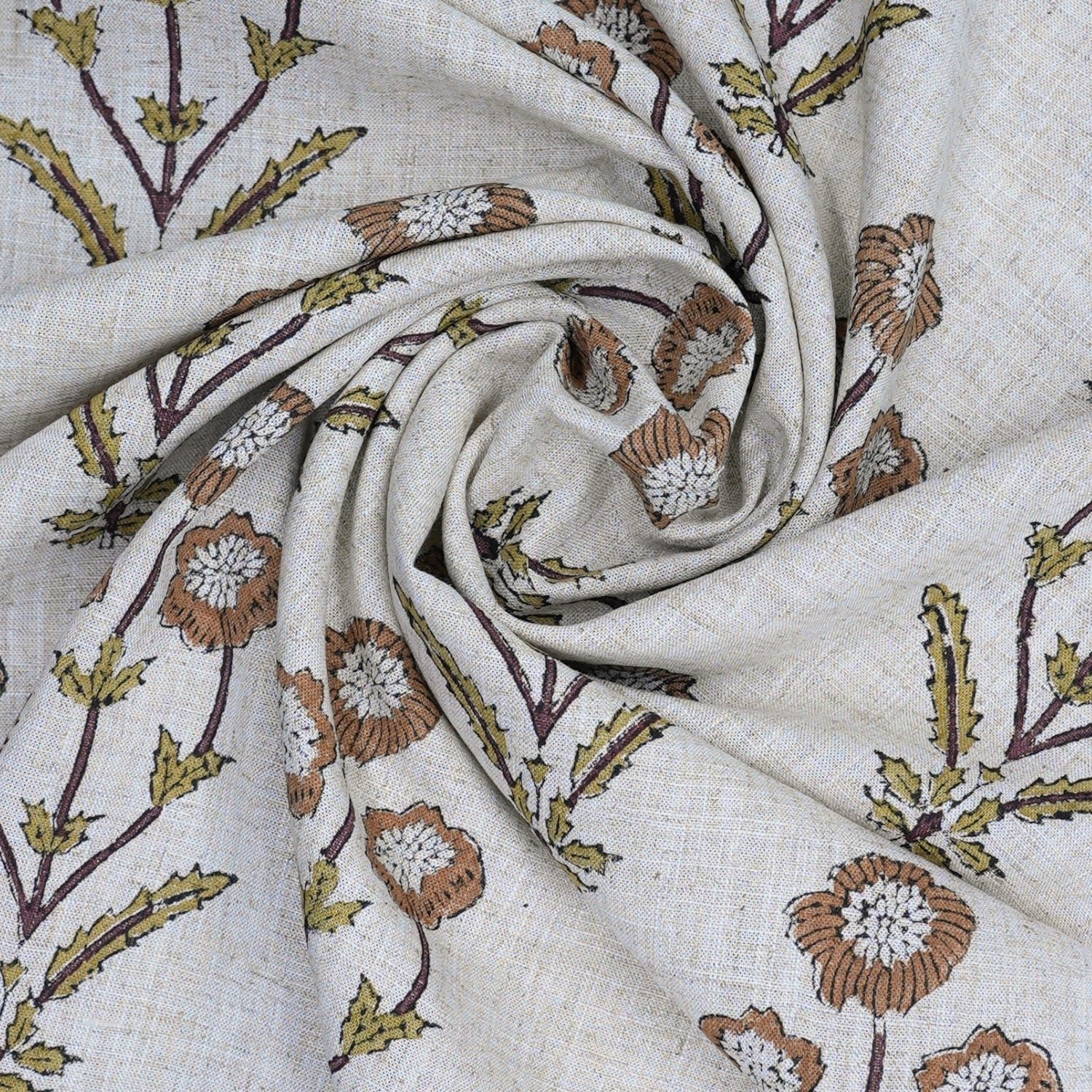 Handmade Floral Viscose Linen Fabric in Artisanal Block Print - Amitabh Brown