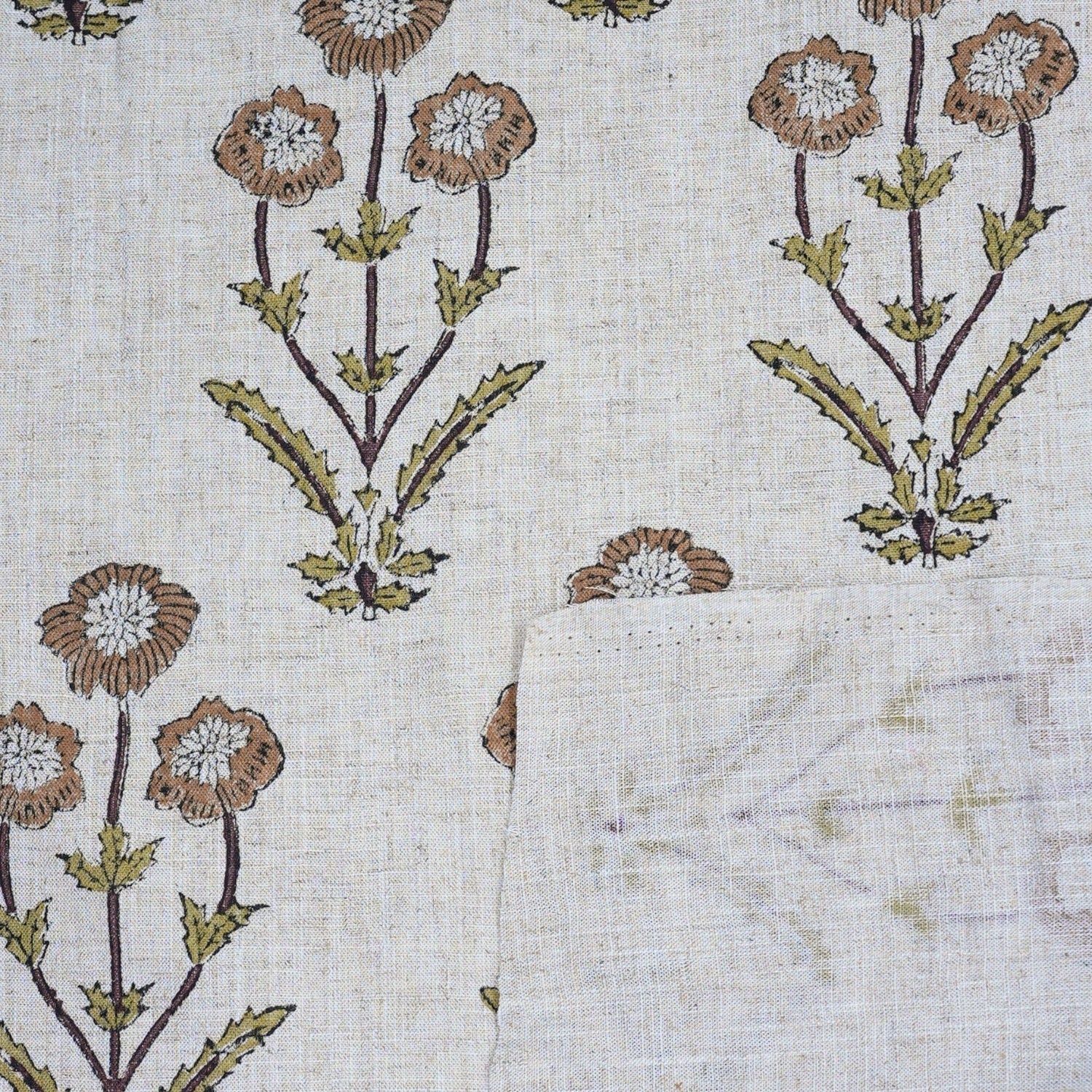 Handmade Floral Viscose Linen Fabric in Artisanal Block Print - Amitabh Brown