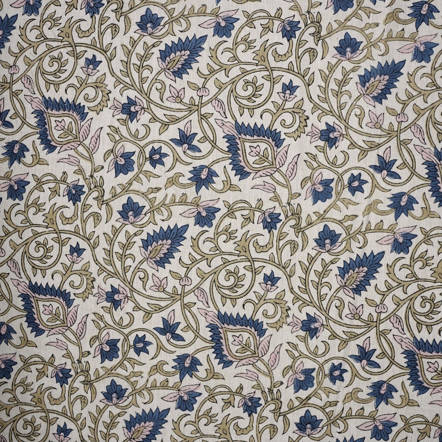 Handblock Print Blue Floral Linen Blend Fabric Hawa Mahal Curtain Textile