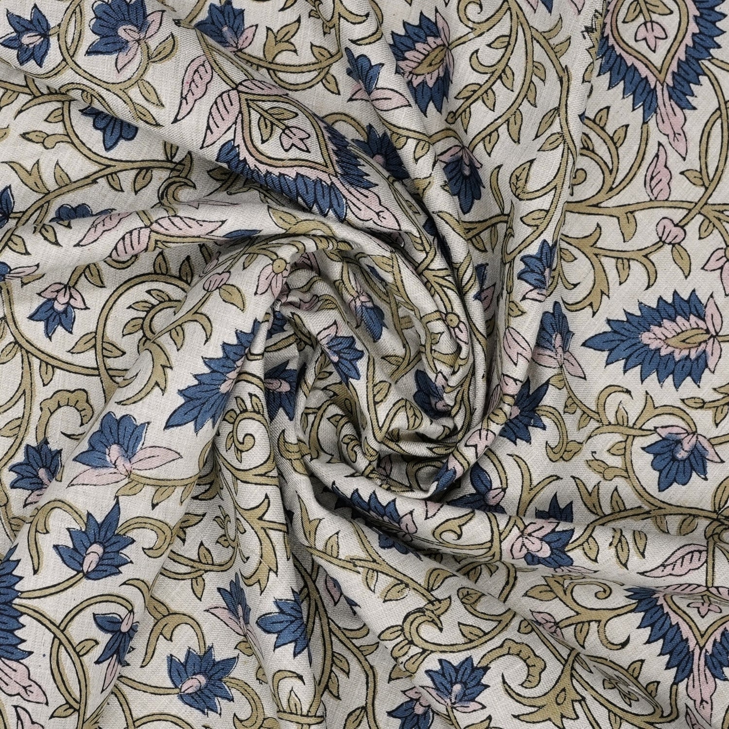 Handblock Print Blue Floral Linen Blend Fabric Hawa Mahal Curtain Textile