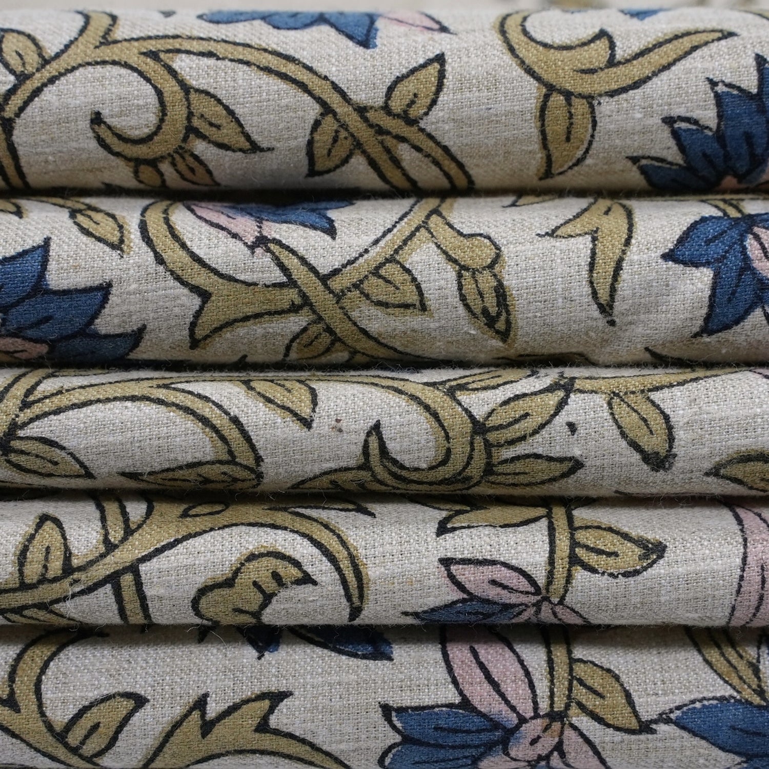 Handblock Print Blue Floral Linen Blend Fabric Hawa Mahal Curtain Textile