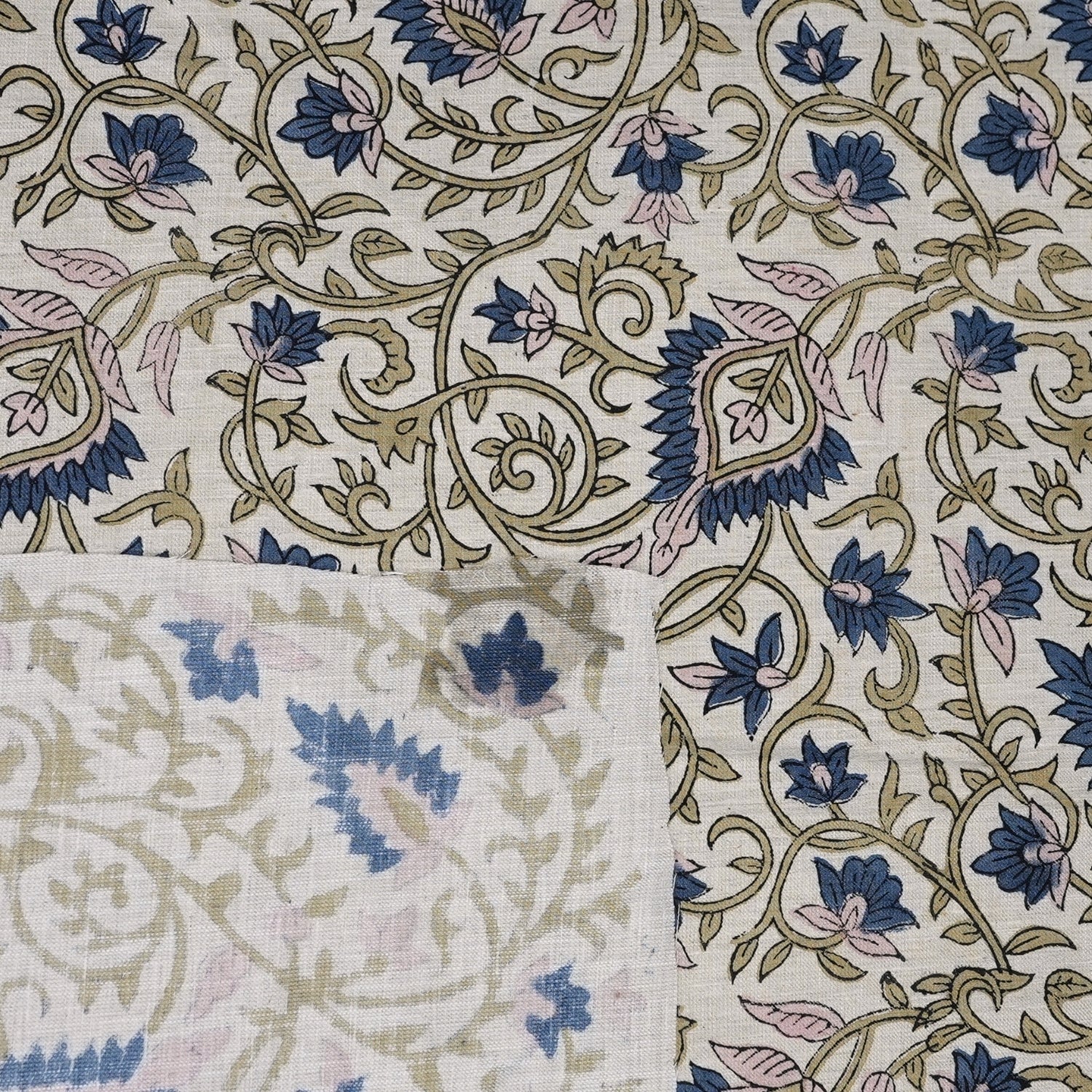 Handblock Print Blue Floral Linen Blend Fabric Hawa Mahal Curtain Textile
