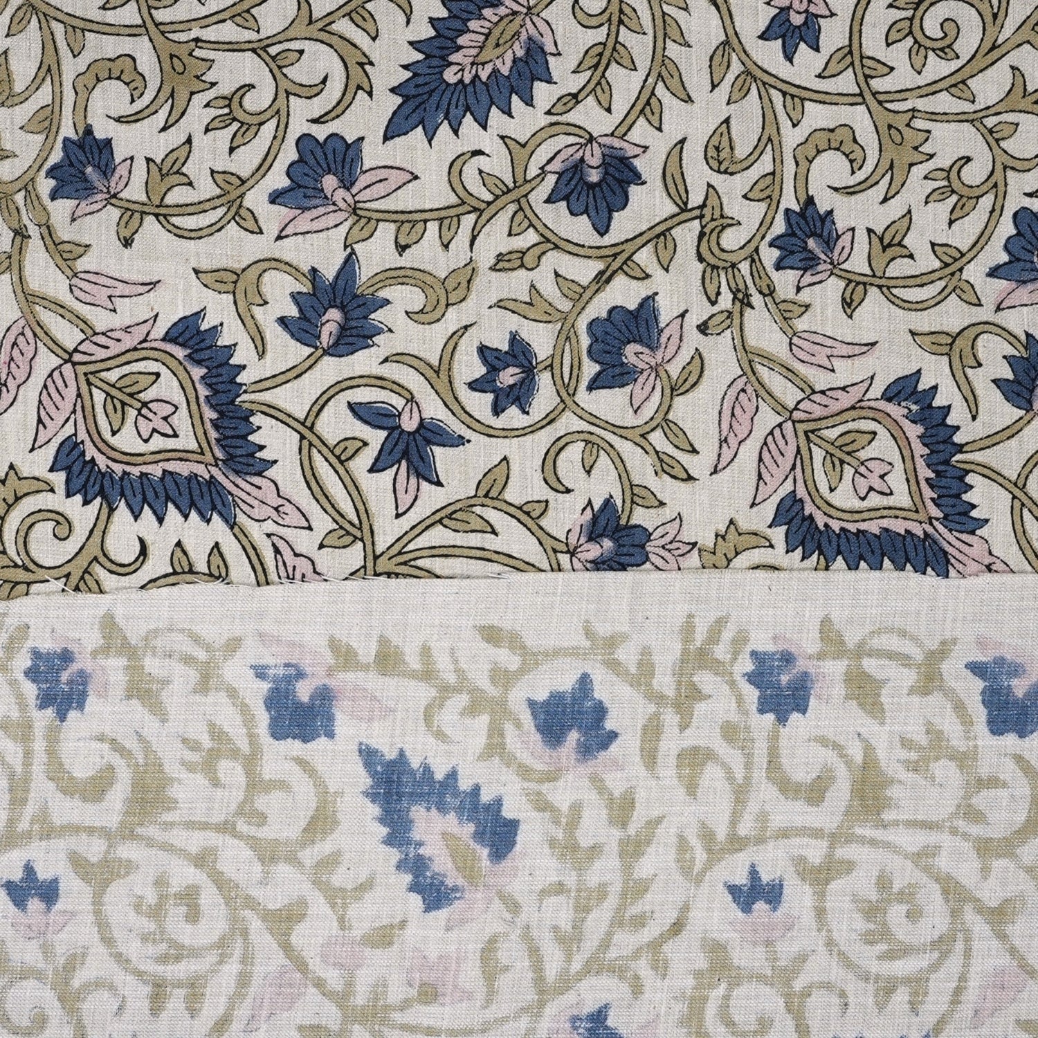 Handblock Print Blue Floral Linen Blend Fabric Hawa Mahal Curtain Textile