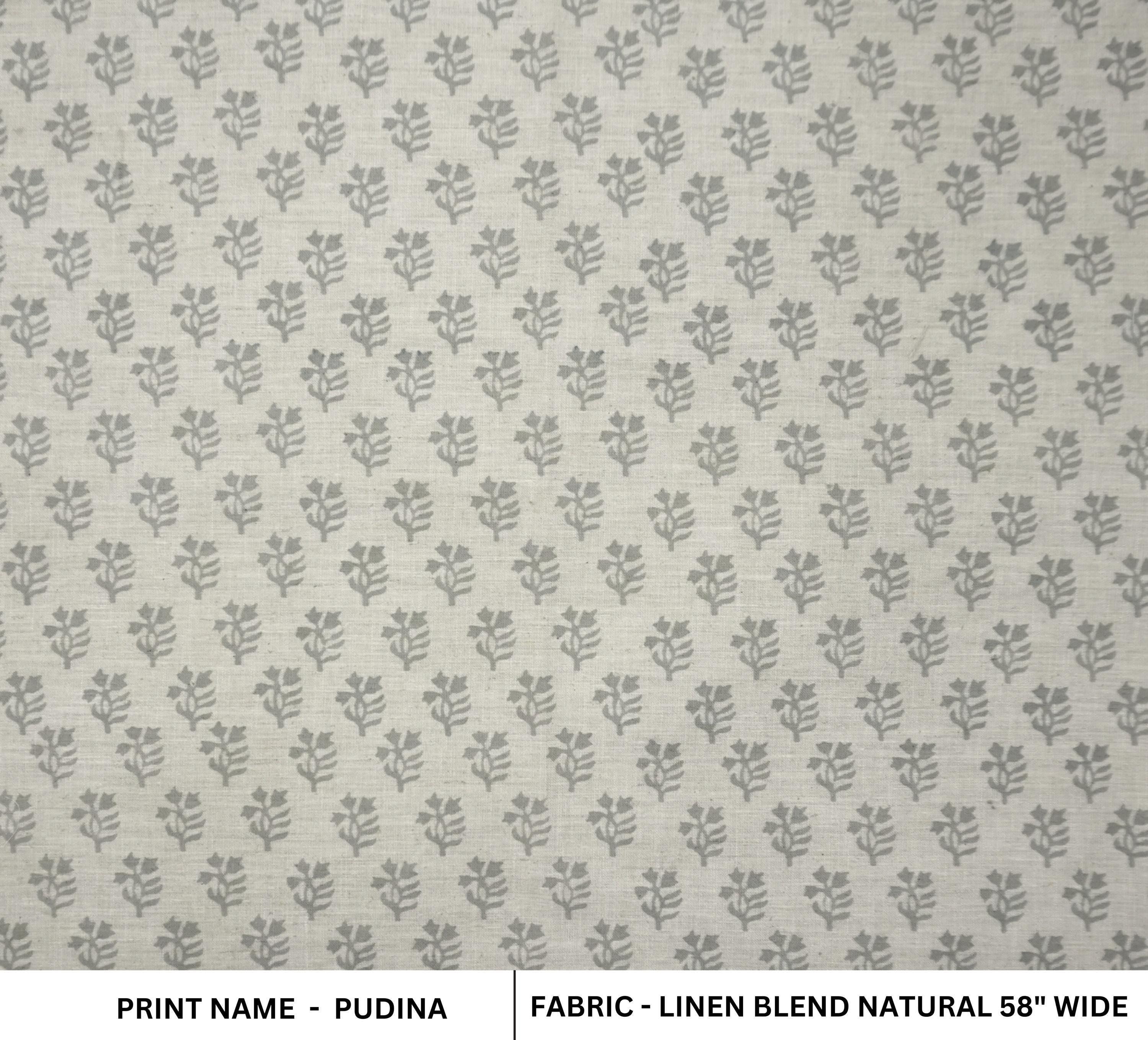 Gray Floral Block Printed Handmade in Linen Blend Natural Cushion Fabric for Home Decor - Pudina