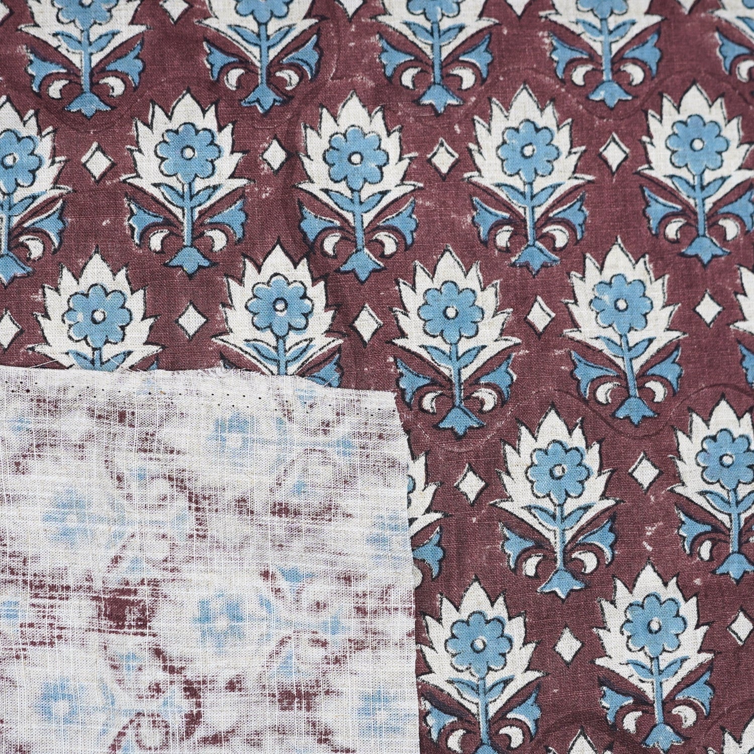 Handmade Maroon Floral Boho Viscose Linen Fabric – Kusum Design for Home Décor