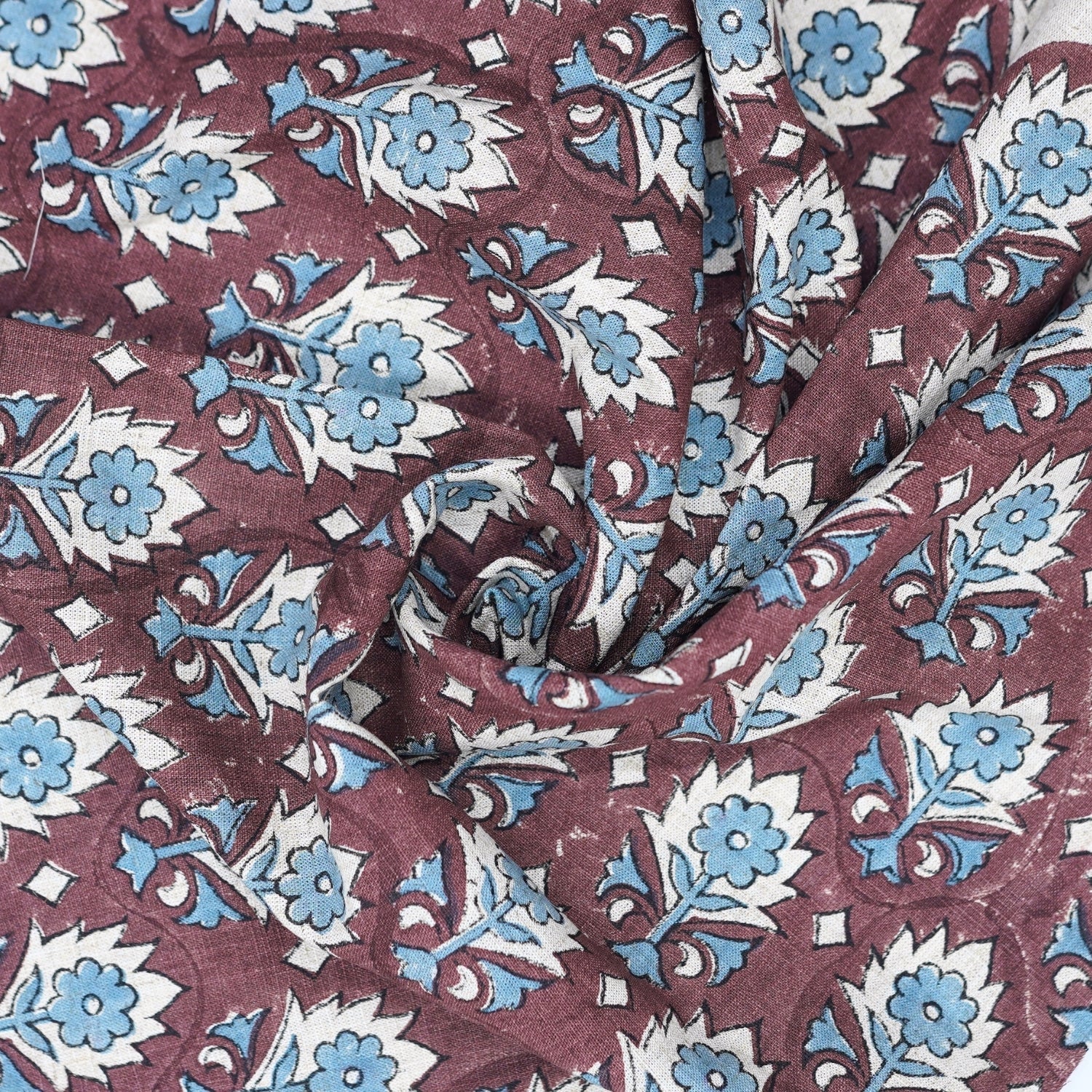 Handmade Maroon Floral Boho Viscose Linen Fabric – Kusum Design for Home Décor