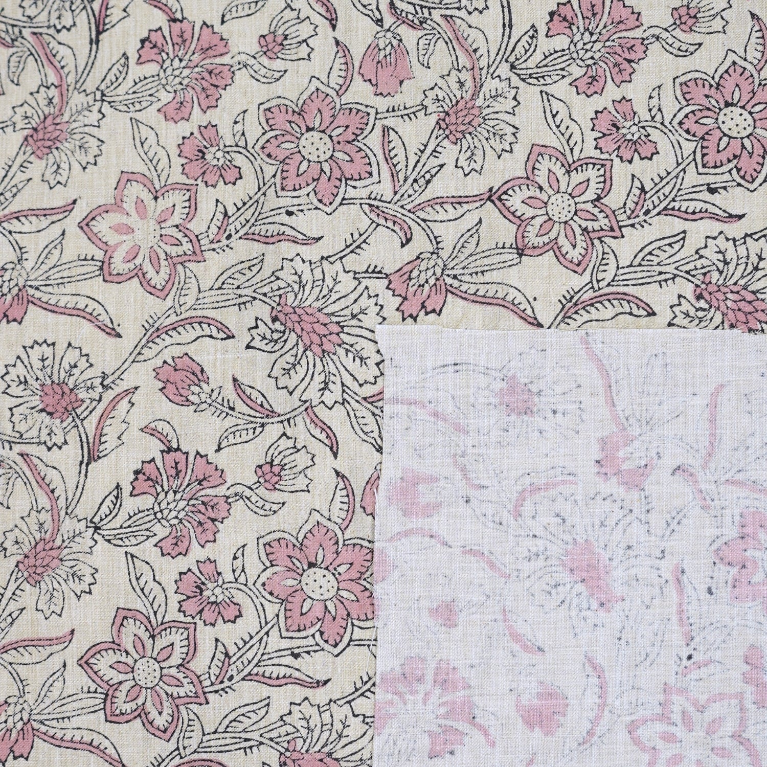 Handmade Boho Floral Fabric in Pink on Linen Blend  - Jarul Design