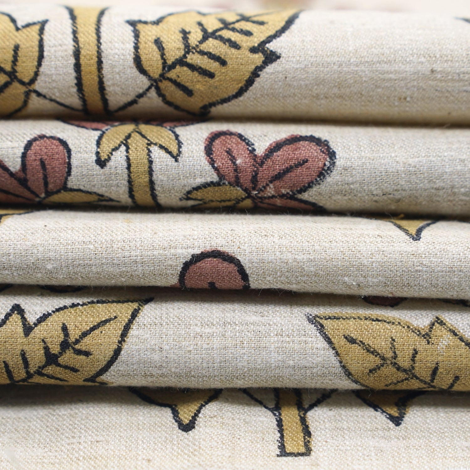 Handblock Printed Boho Style Pink Floral Linen Blend Fabric – Chahat Print