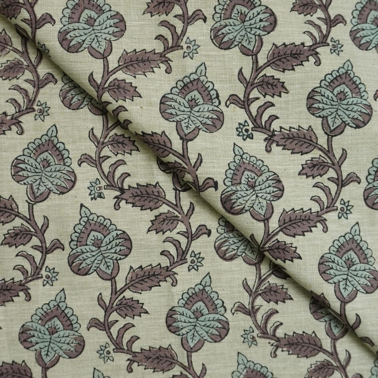 FLORAL BLOCK PRINT CURTAIN BEDDING CUSHION AND TABLE LINEN HANDMADE ART FABRIC - MADHUBALA