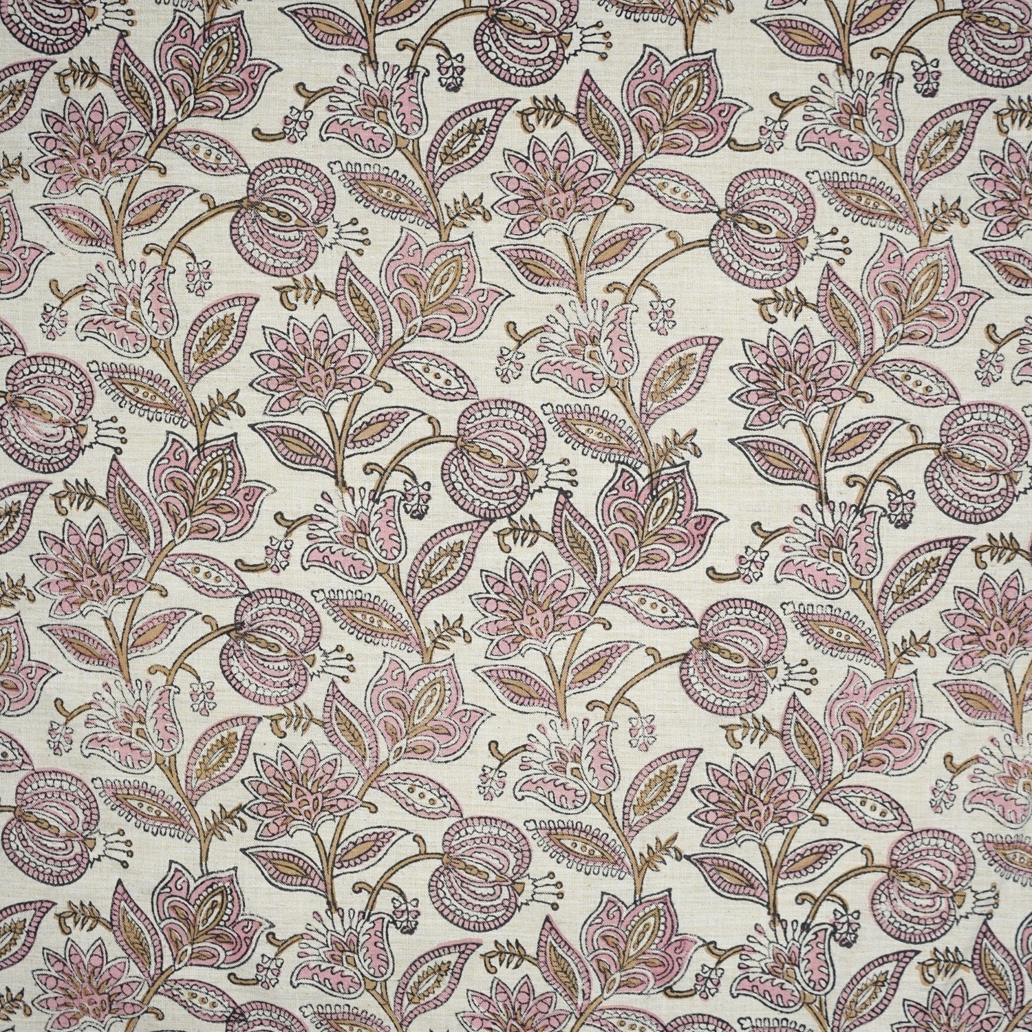 Handmade Indian Block Printed  Pink Floral Linen Blend Fabric – Custard Apple