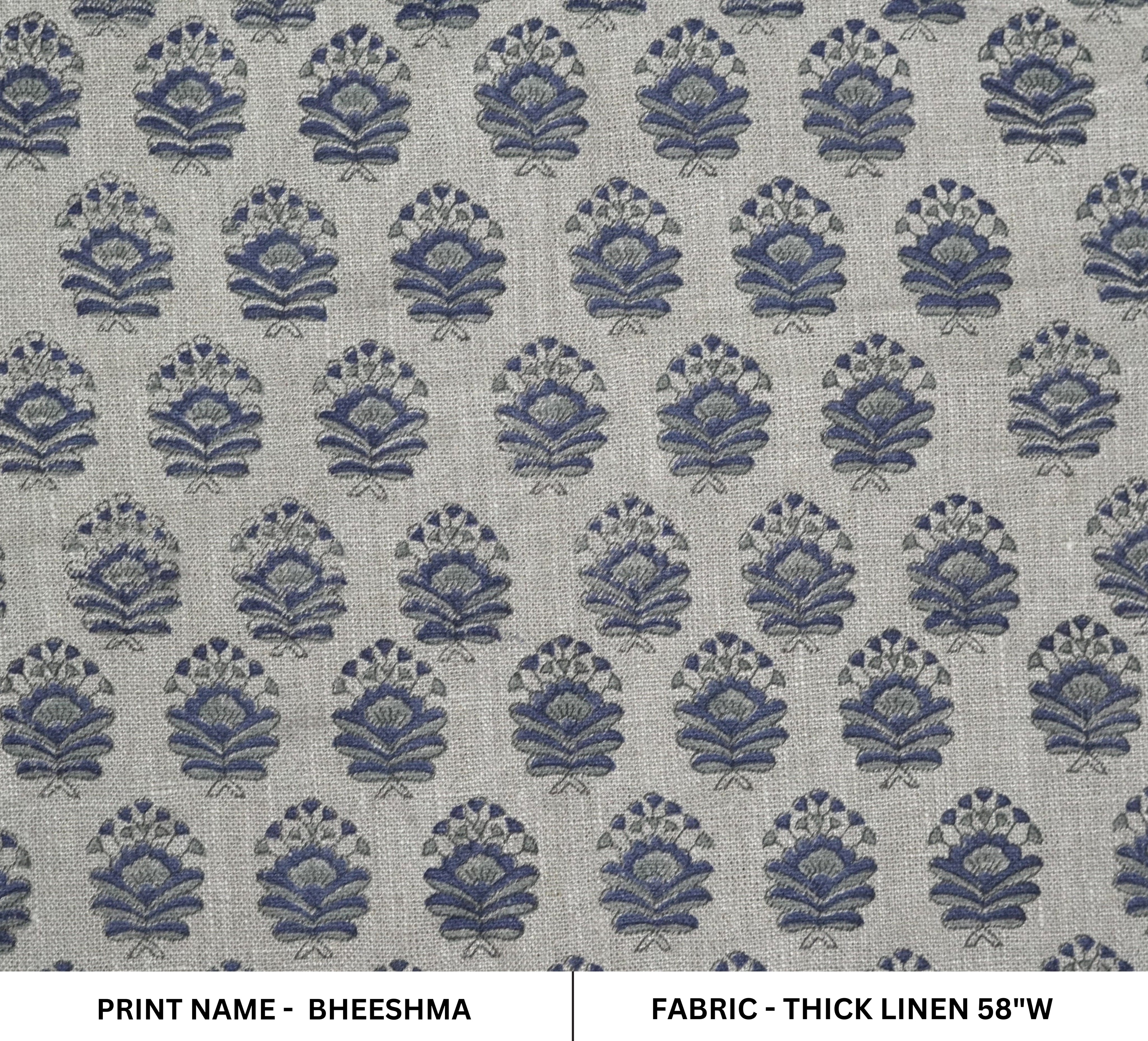 Bheeshma  Linen Indian Block Print Fabric, By The Yard Length58"Wide, Pillow Cover Cases, Heavy Linen Upholstery