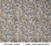 Block Print Thick Linen 58" Wide, Genuine Fabric, Curtain Cover, Beige, Yellow Floral, Indian Cushion Cover - Qurbat