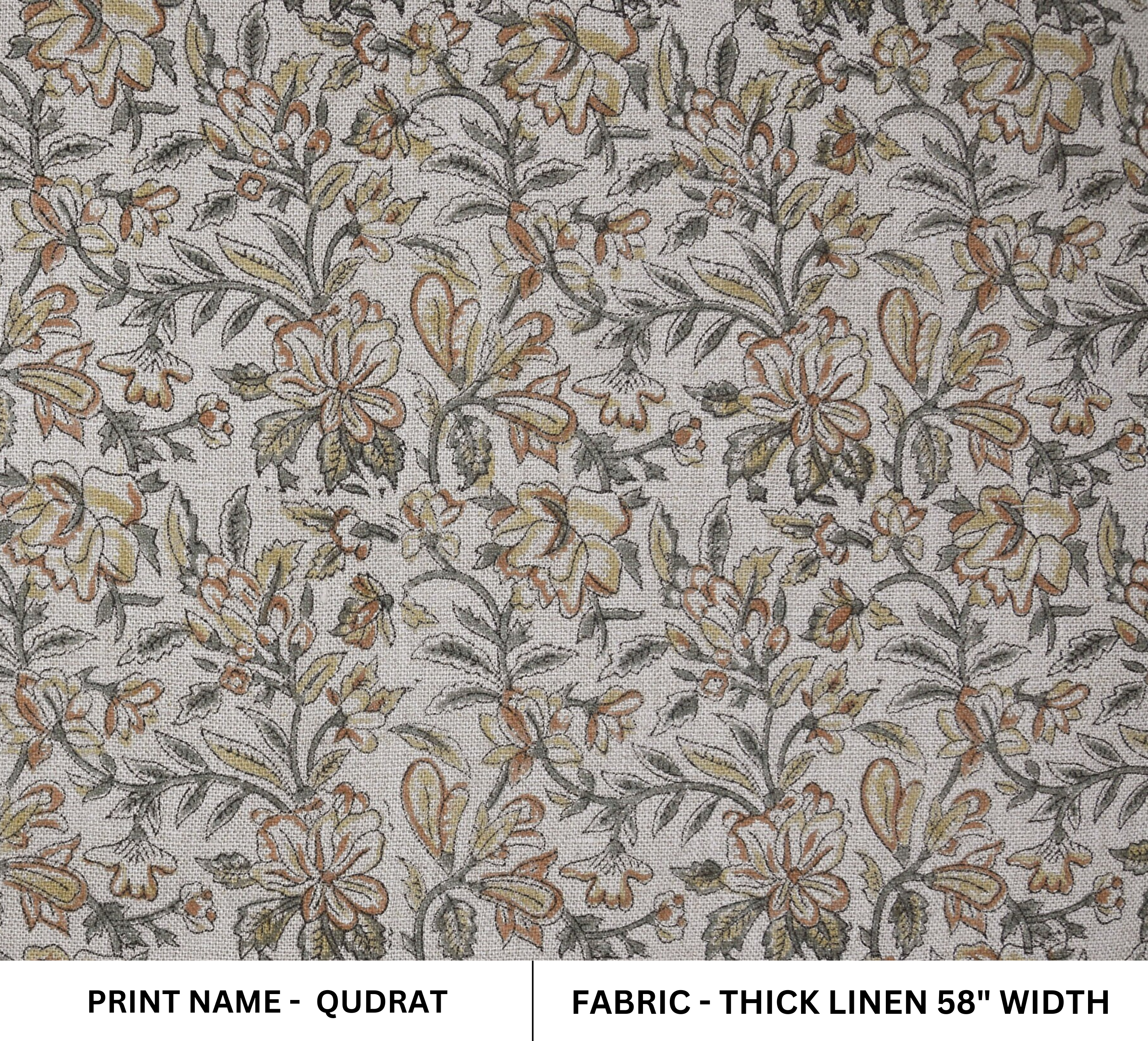 Block Print Thick Linen 58" Wide, Genuine Fabric, Curtain Cover, Beige, Yellow Floral, Indian Cushion Cover - Qurbat