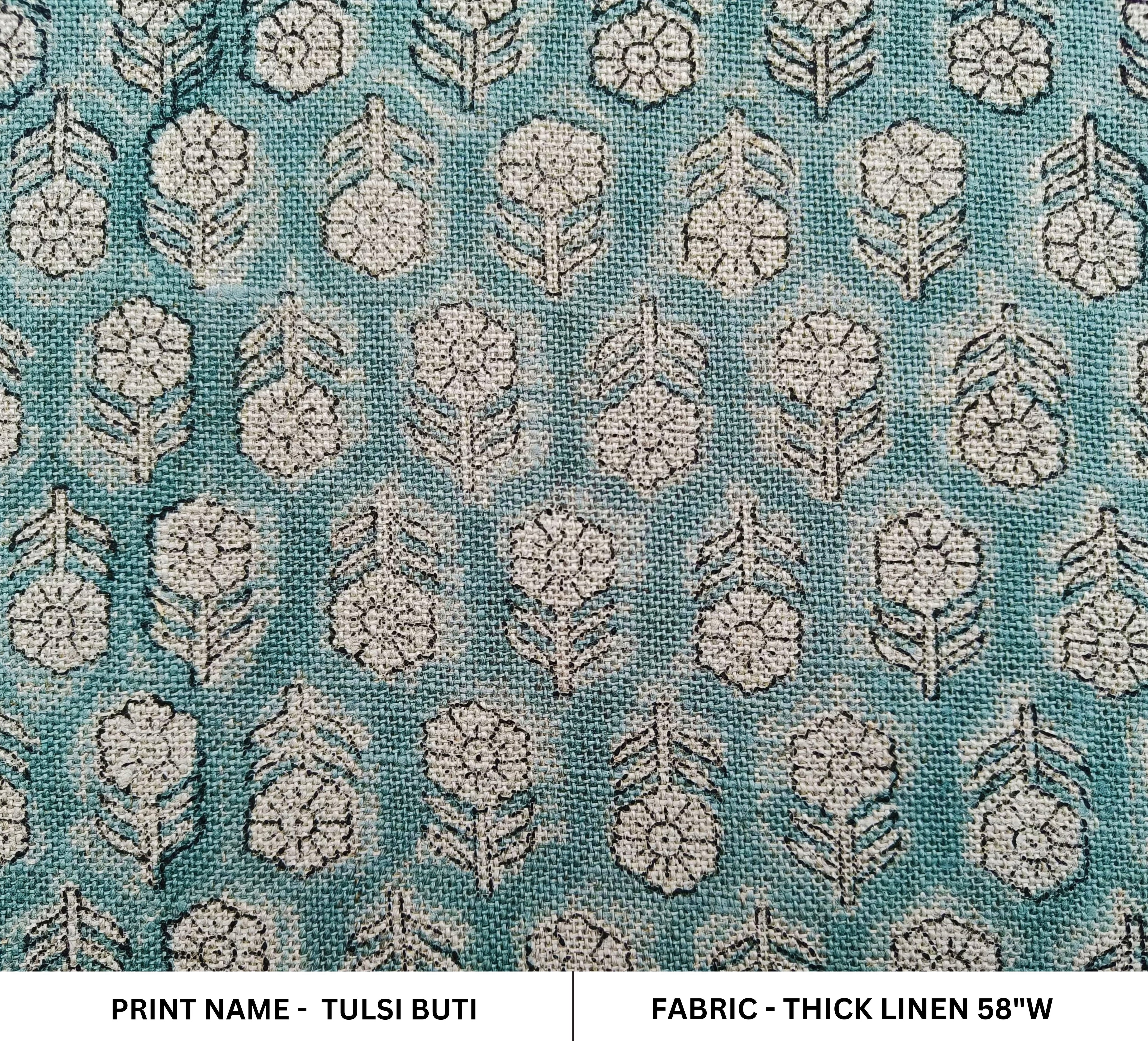Block Print Linen Fabric, Tulsi Buti  Ocean Blue, Block Print Thick Linen Handloom Linen, Linen Fabric By The Yard, Best For Upholstery, Best Selling Cushion Cover,