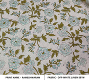Block Print Linen Fabric, Rameshwaram  Indian Hand Block Fabric, Linen Block Print Textiles, Extra Wide Craft Fabric By The Yard, Floral Print Fabric Linen