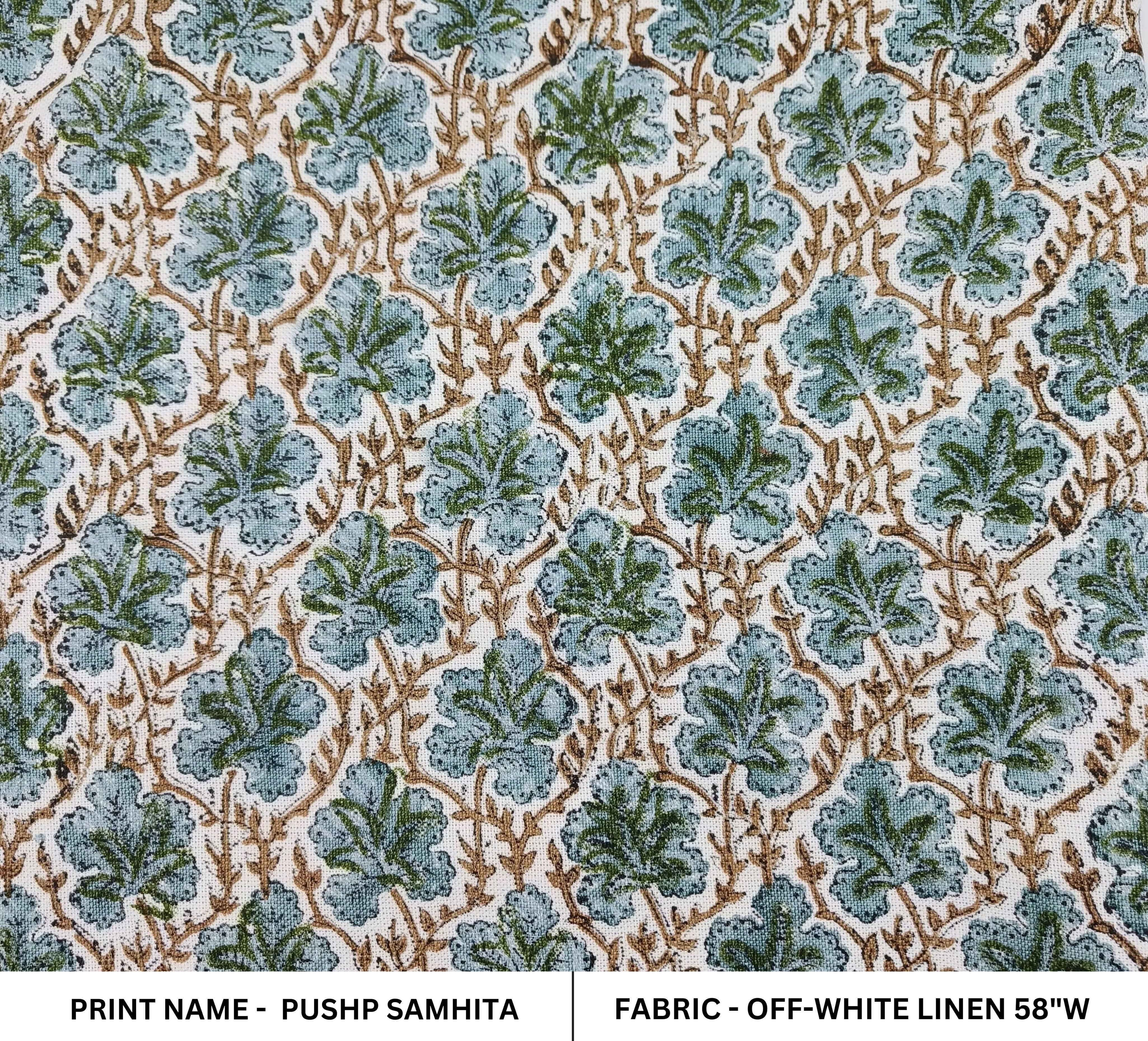 Block Print Linen Fabric, Pushp Samhita  A Blue Floral Hand Block Print Linen Fabric, Best Fabric For Cushion, Fabric For Pillow, Upholstery Fabric, Blue Home Decor
