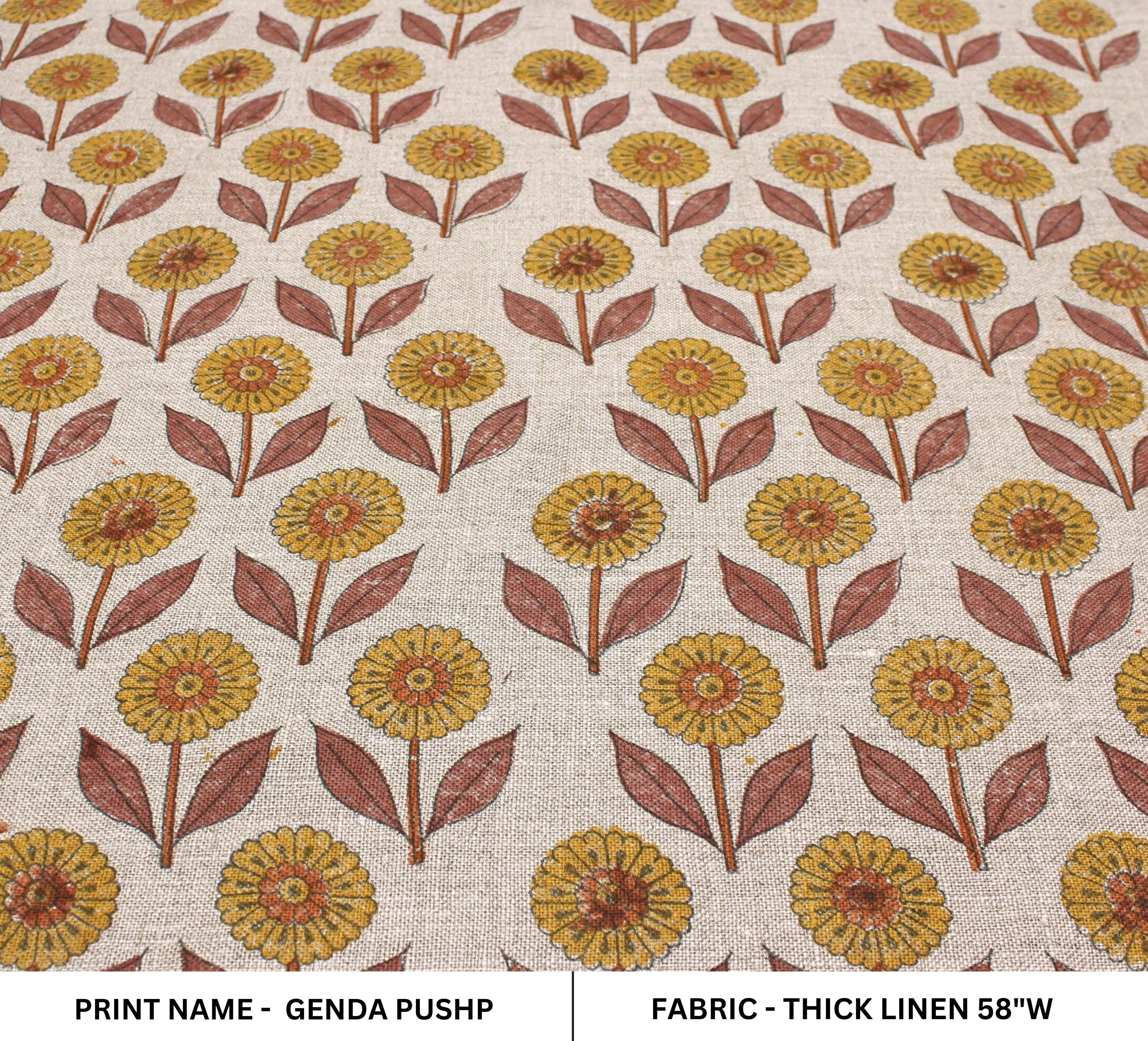 Genda Pushp  Flower Hand Block Print Fabric,Heavy Hand Woven Linen Pillow Case,Printed Upholstery Fabrics