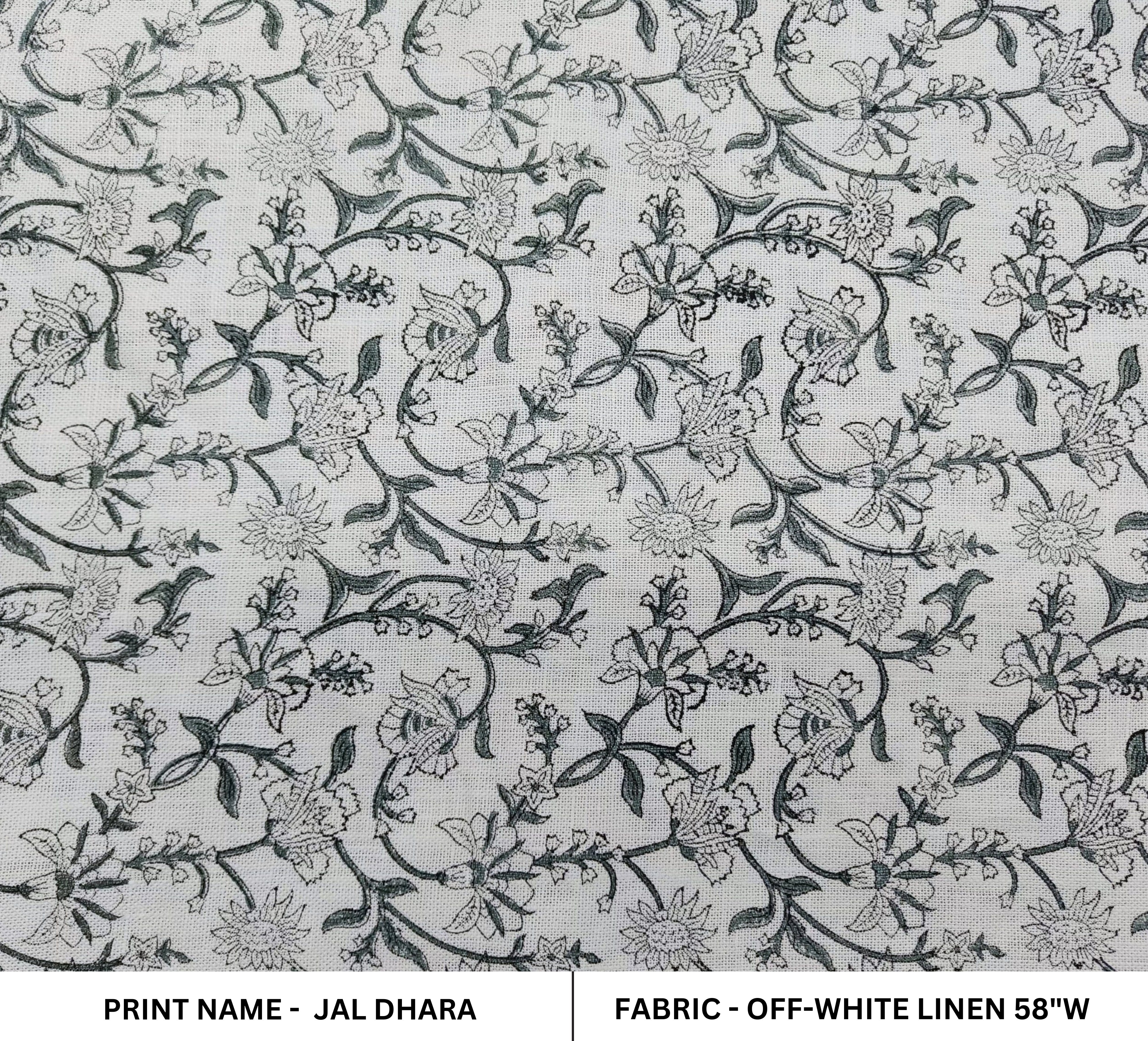 Jal Dhara  Gray Black Block Print Linen Fabric, Floral Print Fabric, Block Print Fabric By The Yard, Indian Linen Handloom