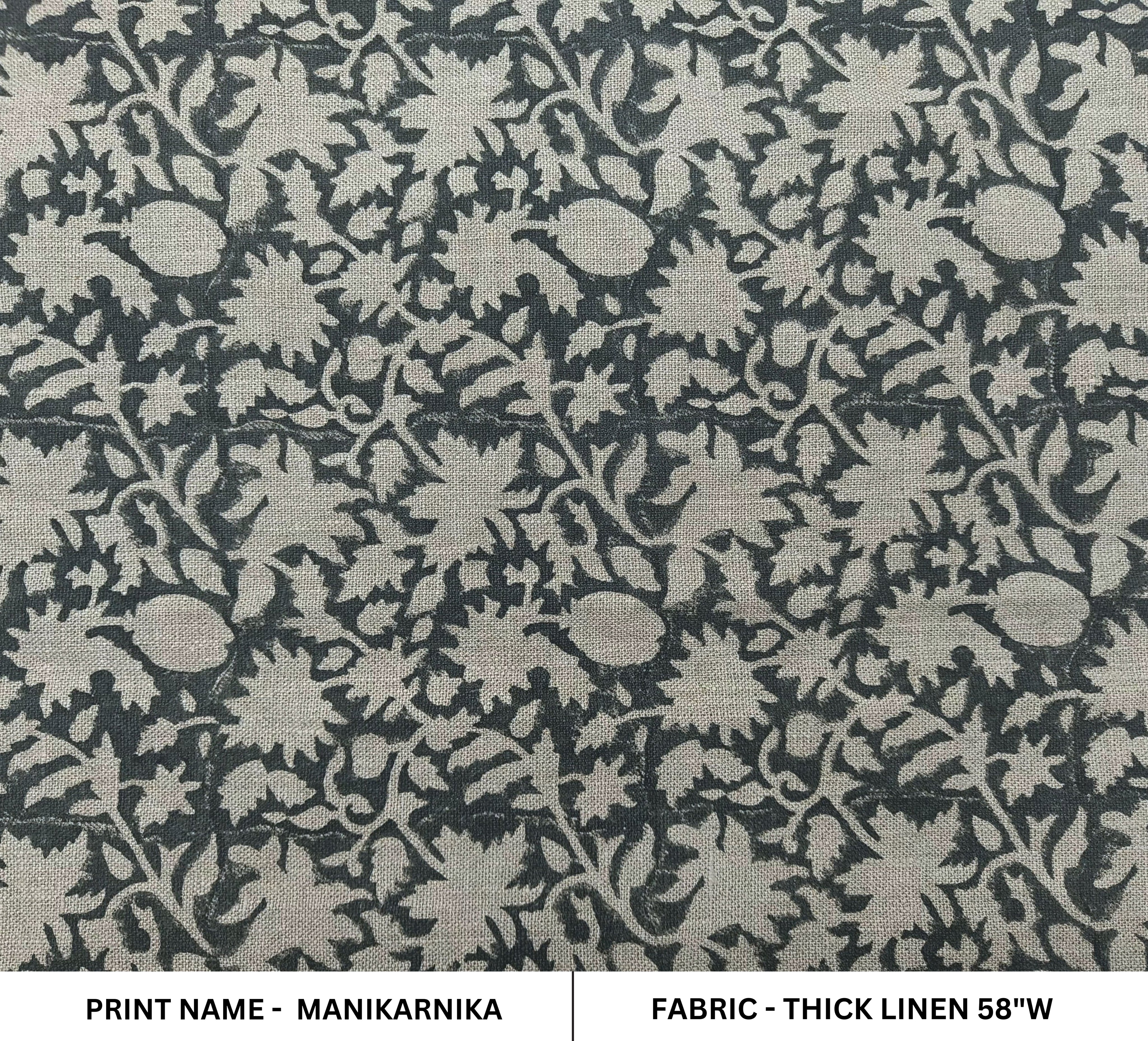 Block Print Linen Fabric, Manikarnika  Dark Rock Garden Green Floral Block Print Linen Fabric, Cushion Pillow Upholstery Fabric, Home Decor
