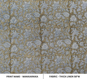 Block Print Linen Fabric, Manikarnika Sand Brown Color, Blue Color Block Print Linen Fabric For Cushion Cover And Sofa Upholstery, Thick Linen 360Gsm, Pillow Cover