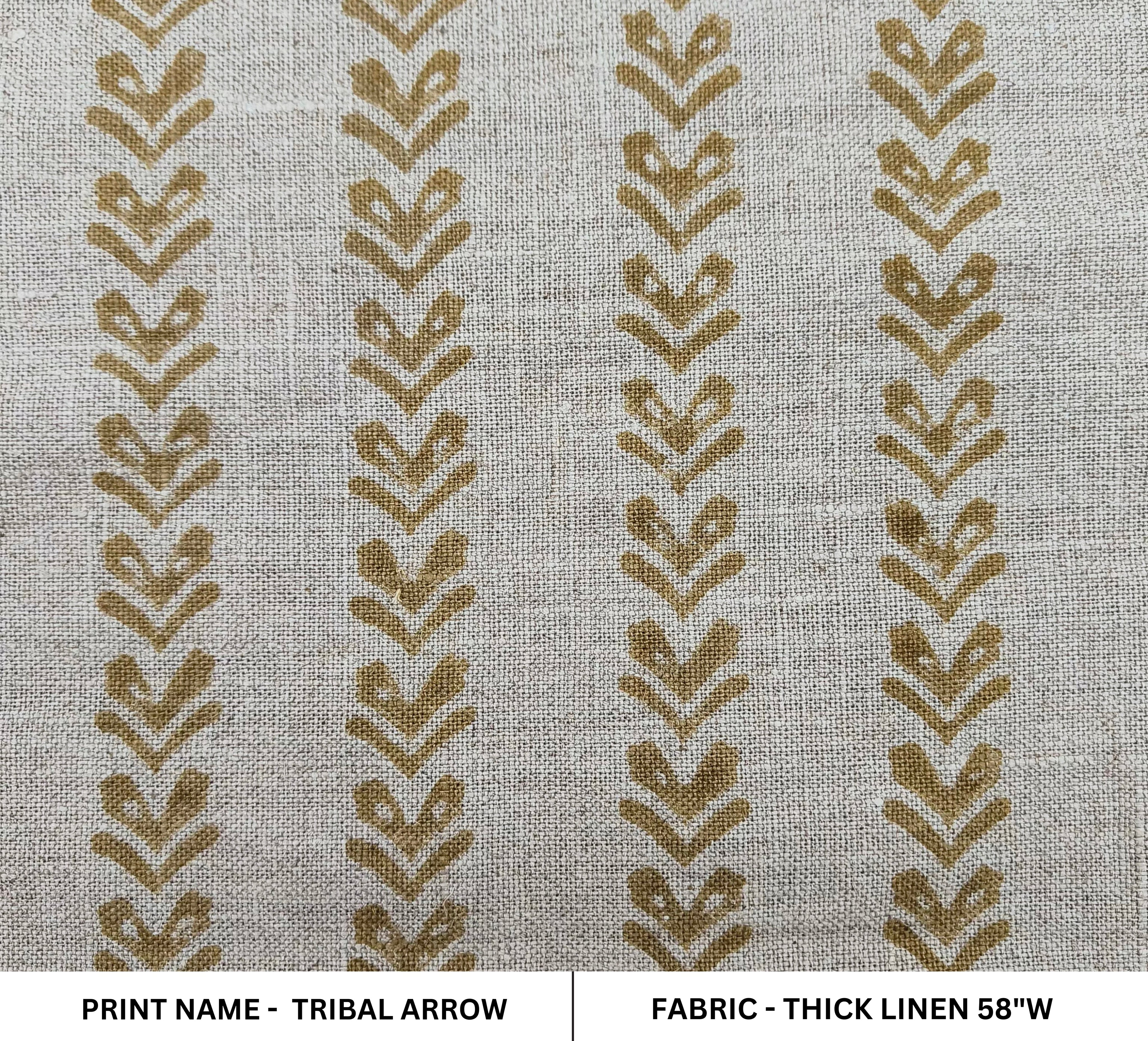 Block Print Linen Fabric, Tribal Arrow  Linen Running Fabric Mustard Color Thick Linen, Geometrical Designs, Upholstery Fabric Pure Linen Decorative Cushion Fabric