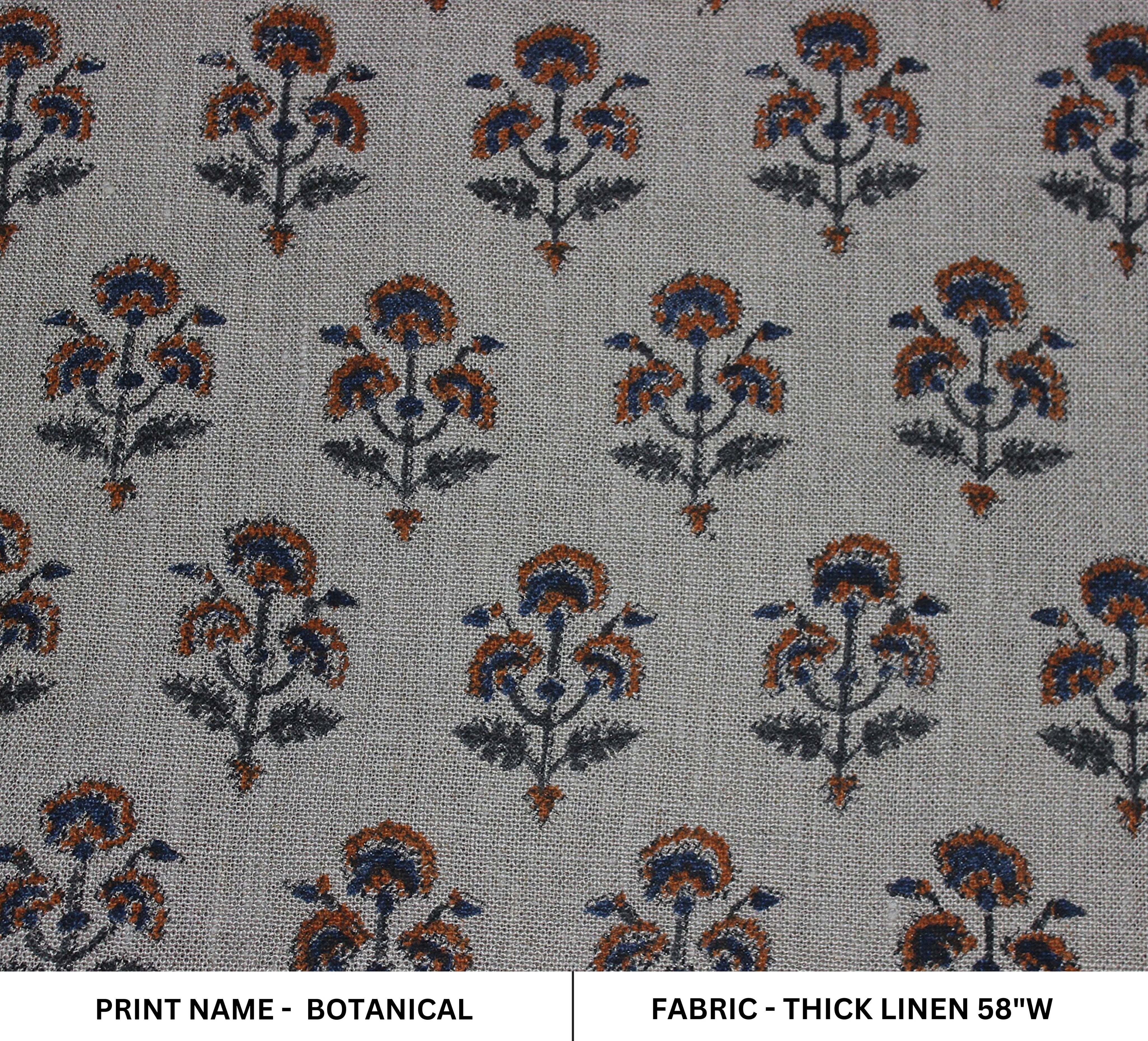 Botanicalblock Print Handloom Linen Fabric Heavy Linen Fabric Block Print Upholstery Fabric, Pillow Cover Fabric, Curtain Linen By The Yard