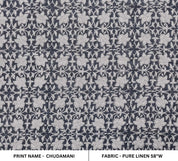 Chudamani Black Hand Block Print Fabric   Natural Linen For Homedecor And Furnishing,Grey Flower Vine Pattern, Linen Cushion Upholstery