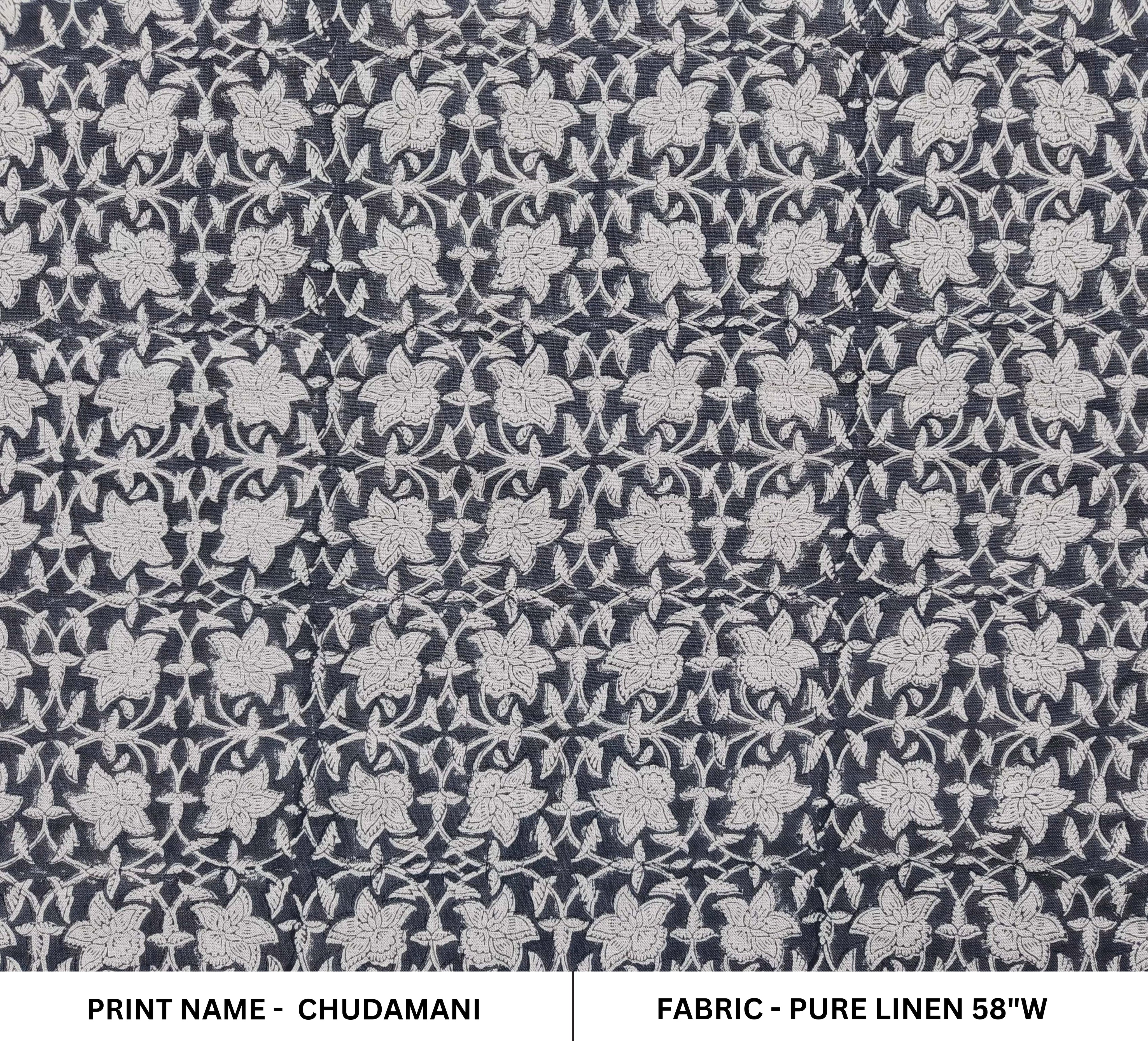 Chudamani Black Hand Block Print Fabric   Natural Linen For Homedecor And Furnishing,Grey Flower Vine Pattern, Linen Cushion Upholstery